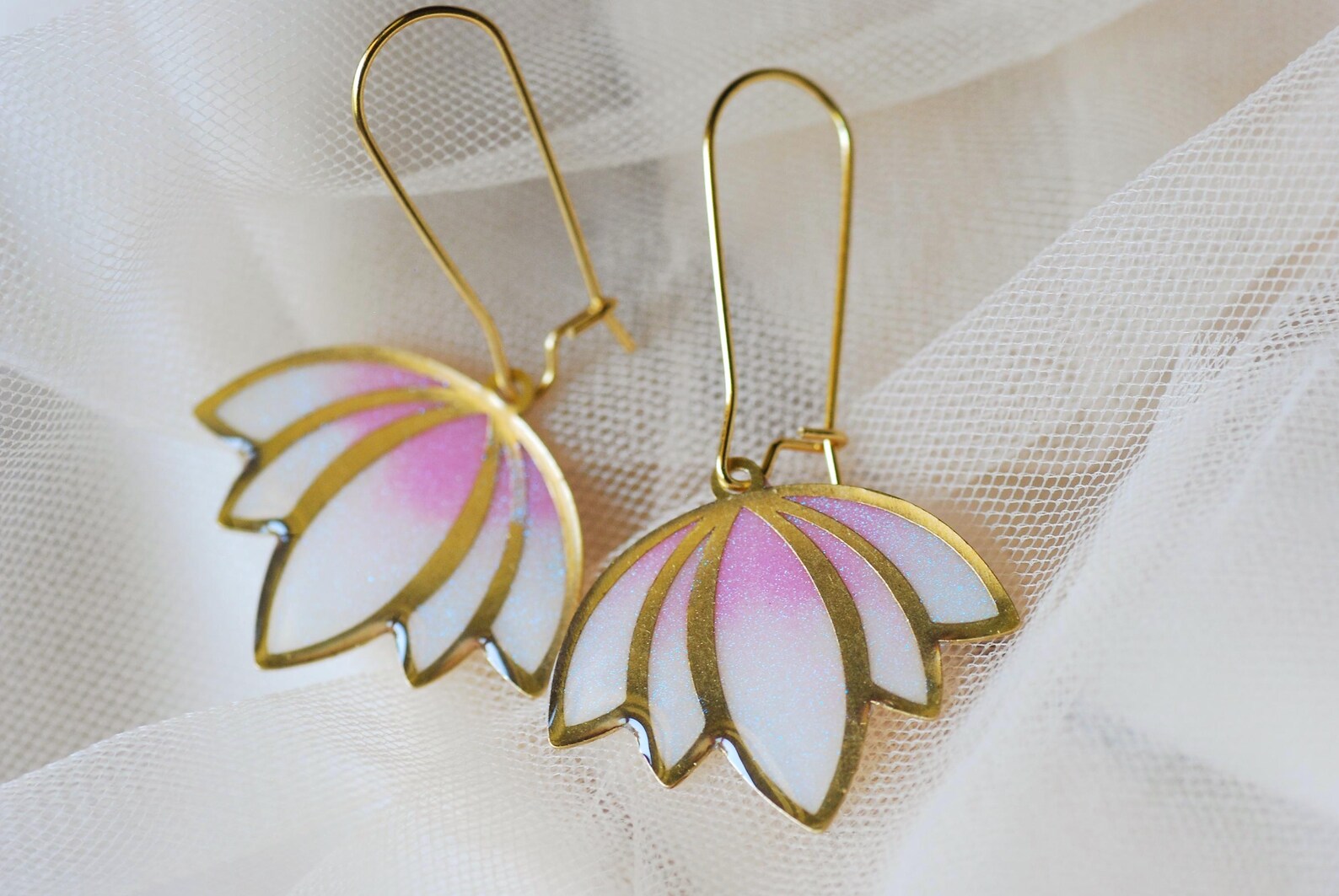 Iridescent Lotus Flower Earrings - White and Pink Pastel Dangles
