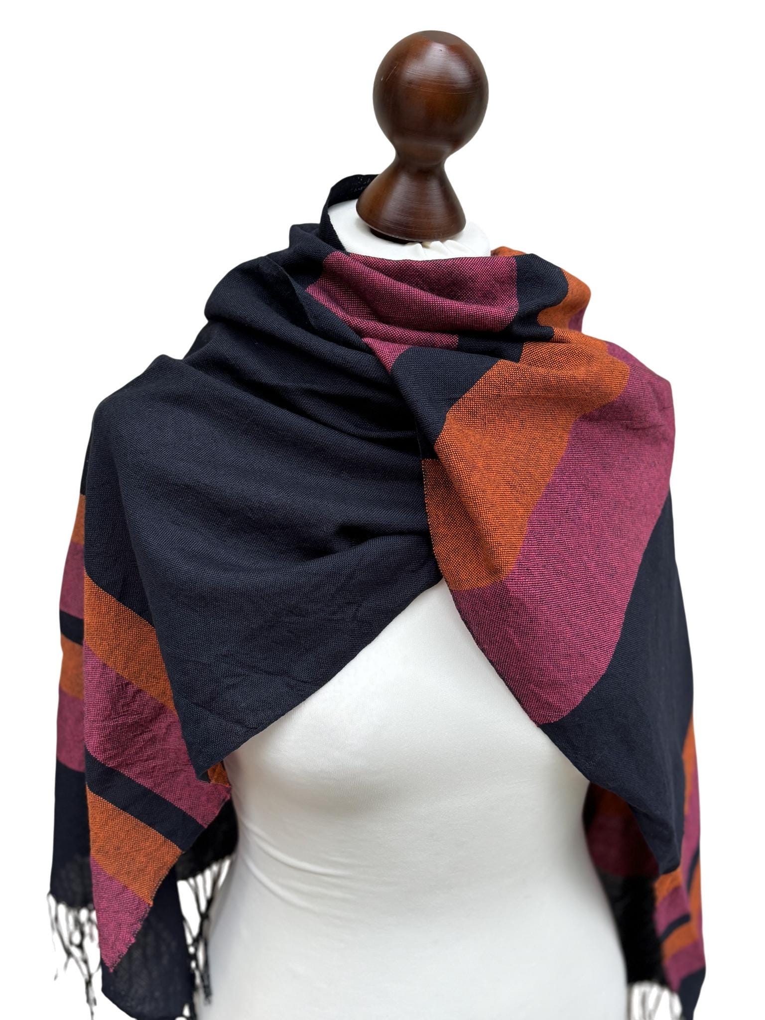 Navy Merino Wool Shawl, Pink Orange Dark Blue wrap, Handwoven Scarf, Customized Name, photo 3