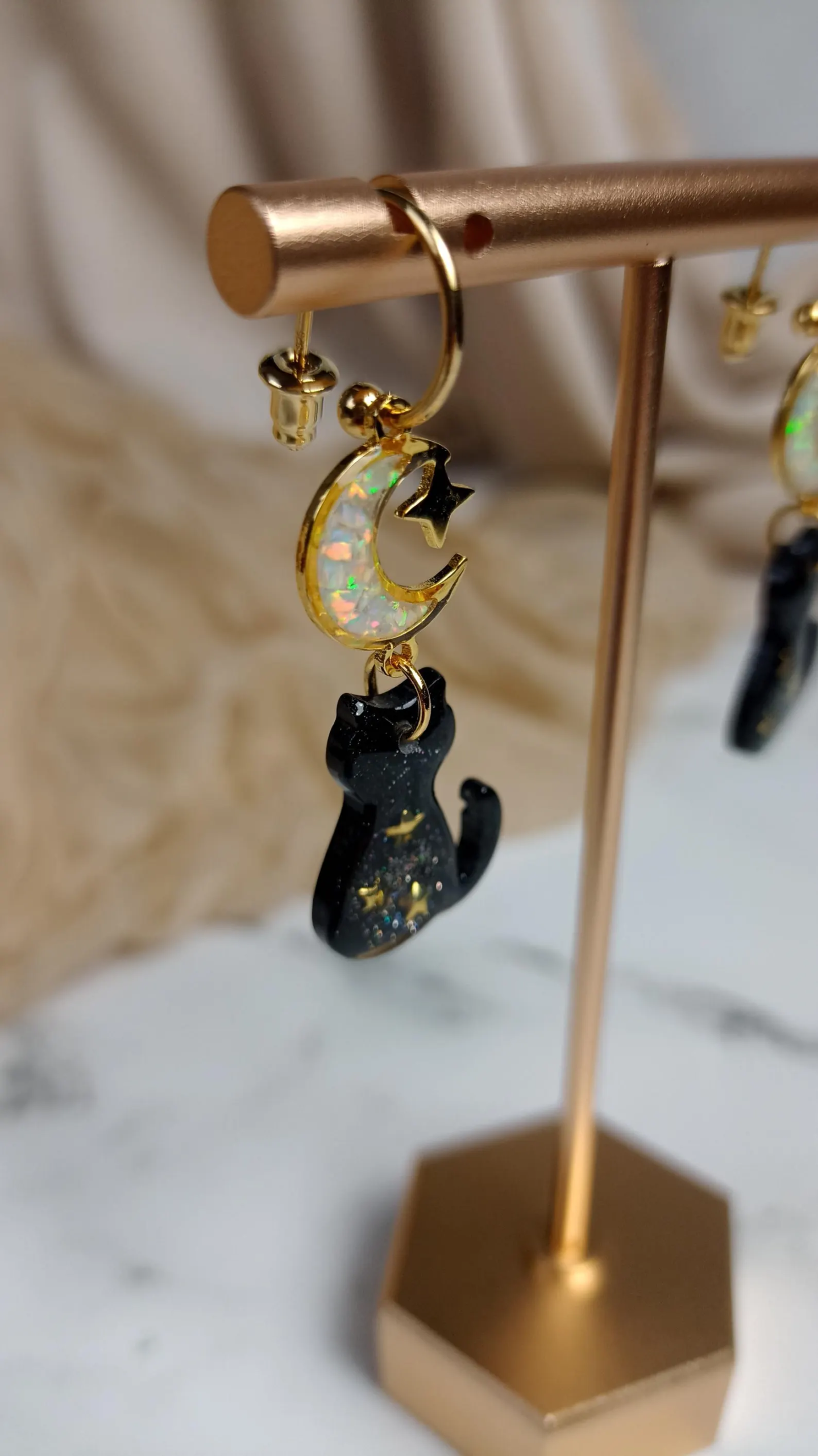 Black Cat Earrings - Galaxy Celestial Hoop Drops, photo 6