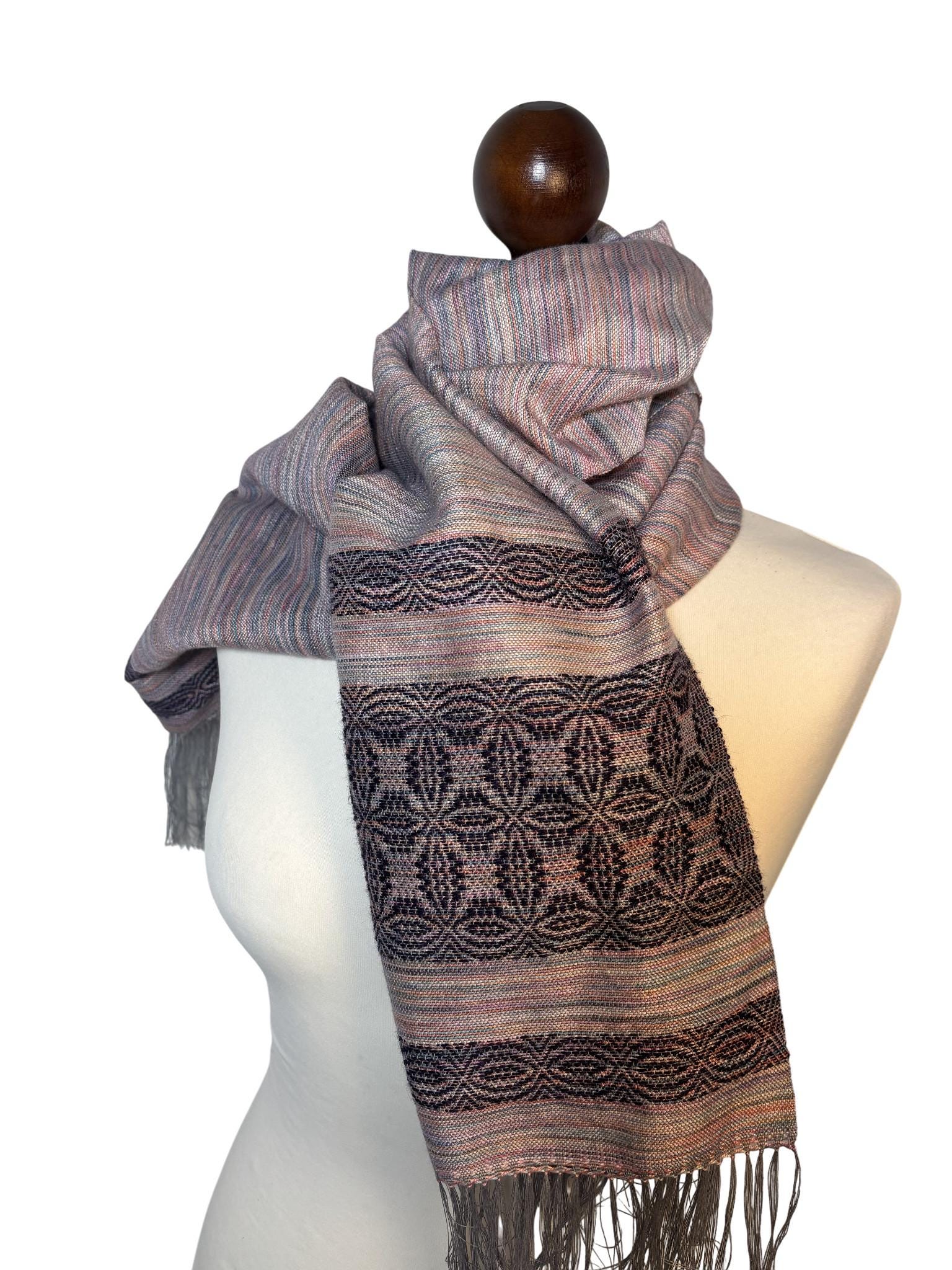 Asymmetrical Pink Merino Silk Scarf with Lily Motif – Handwoven Luxury Shawl, Personalized Scarf, photo 6