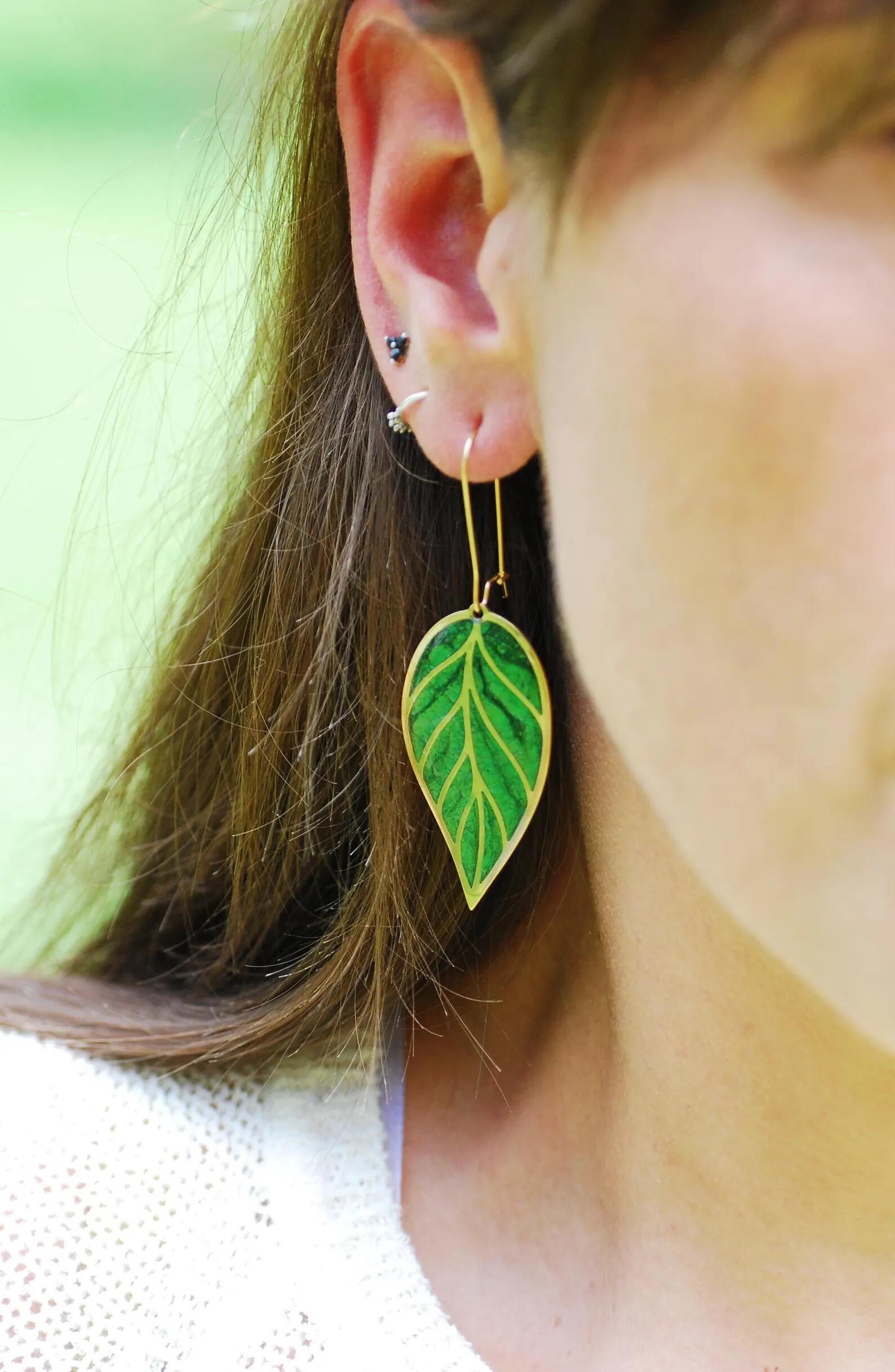 Green Leaf Earrings – Shifting Teal and Green Leaf Dangles, photo 5