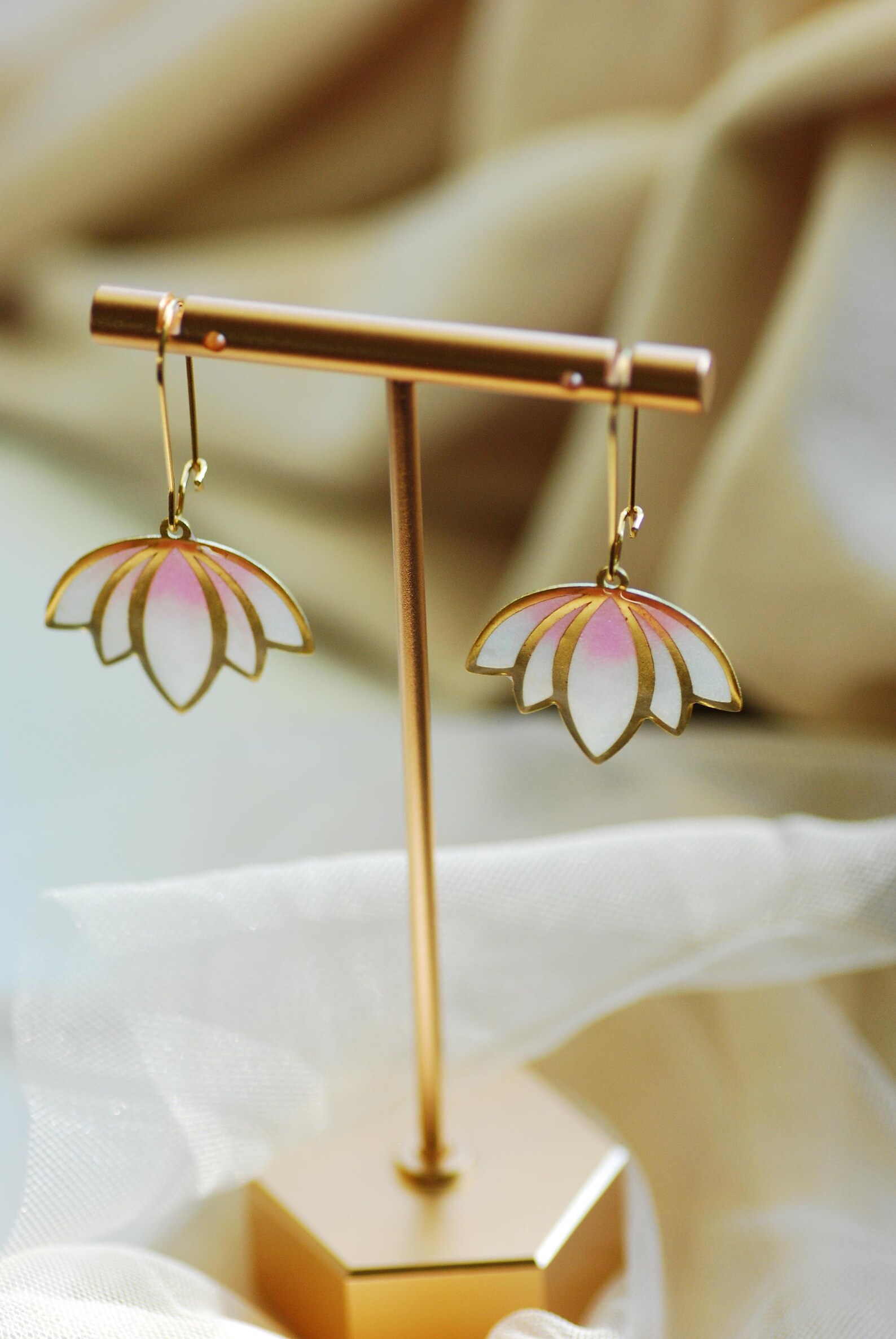 Iridescent Lotus Flower Earrings - White and Pink Pastel Dangles, photo 6