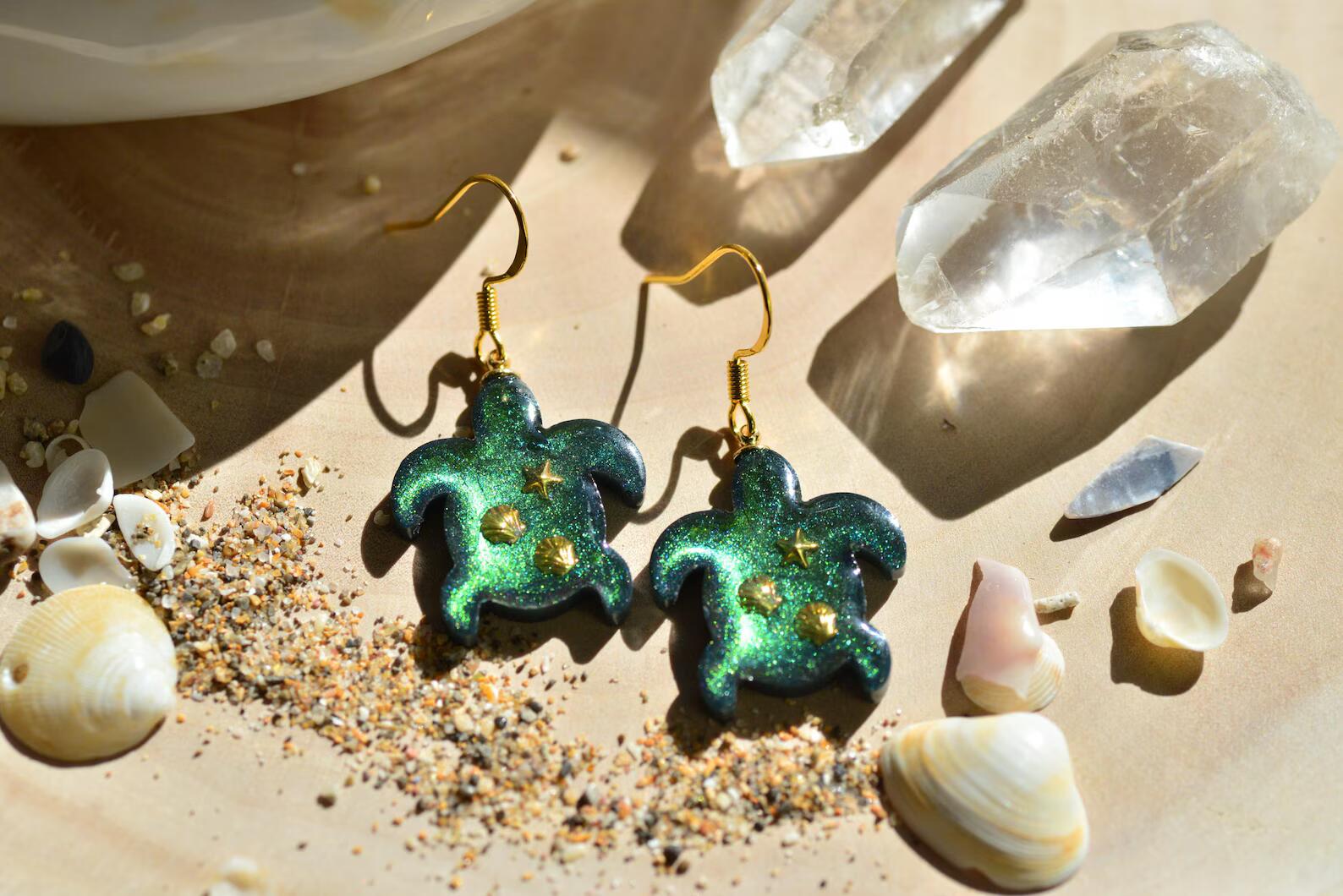 Ocean Resin Earrings - Sea Turtle Green Iridescent Gold Drop Jewelry, photo 6