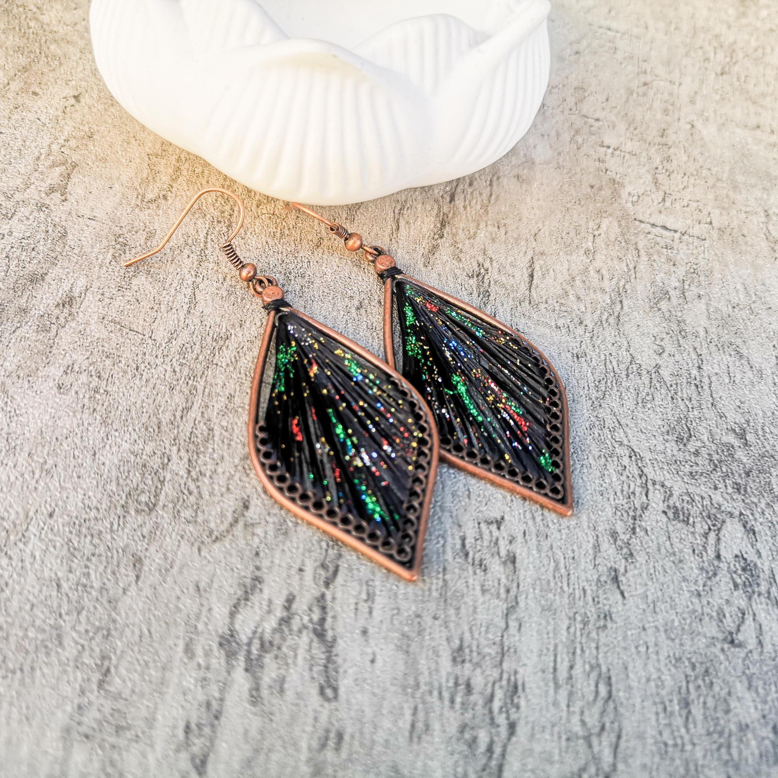 Peruvian thread teardrop earrings, Black with glitter dangle earrings, photo 3