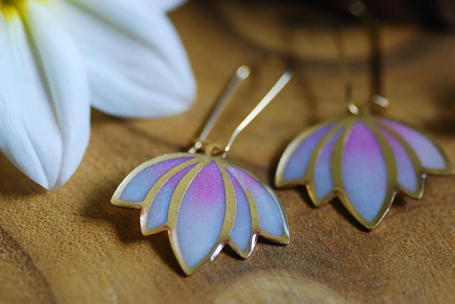 Iridescent Lotus Flower Earrings - White and Pink Pastel Dangles, photo 2