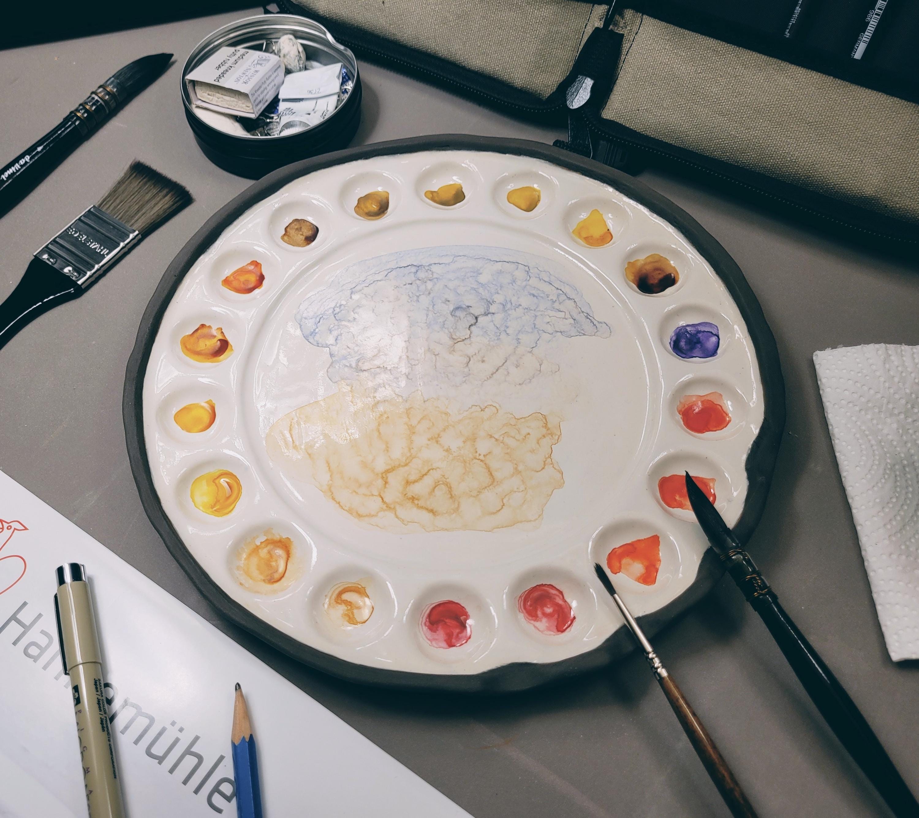 Circular Ceramic Palette – Durable Anthricite Stoneware with 4 Integrated Brush Rests, 18 Paint Wells and A Large Mixing Area, photo 4