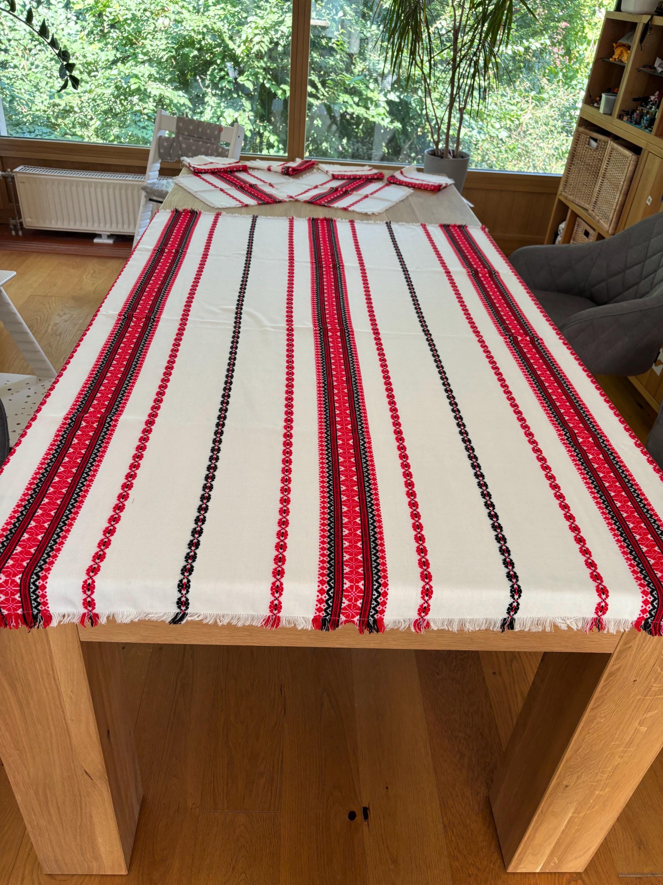 Woven Hungarian Tablecloth and Placemats Set | Red and Black Stripes, photo 6