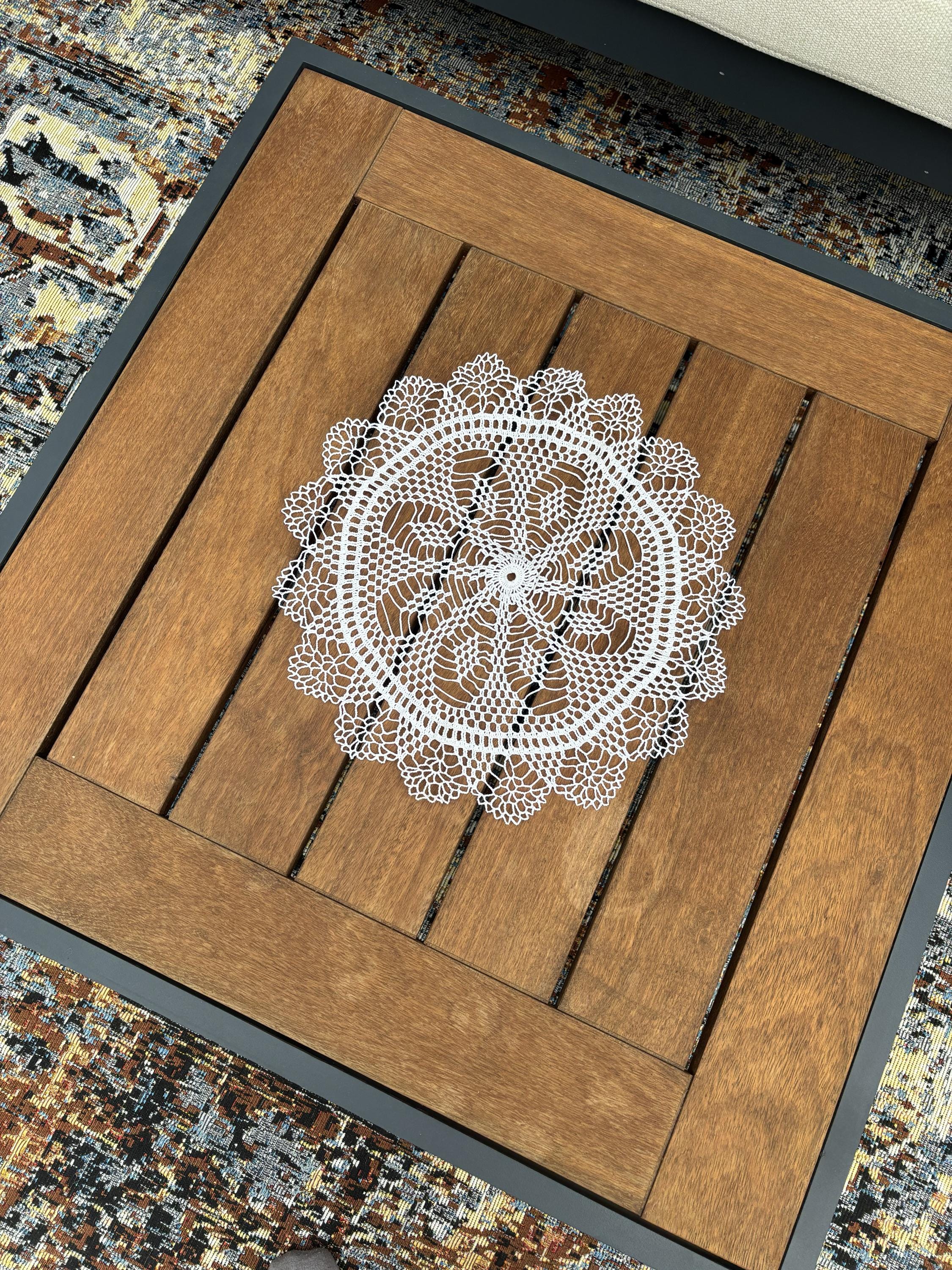 Handmade Crochet Lace Table Centerpiece, Round Floral Doily,  Farmhouse Table Runner 36x36 cm, Custom message Card, photo 4