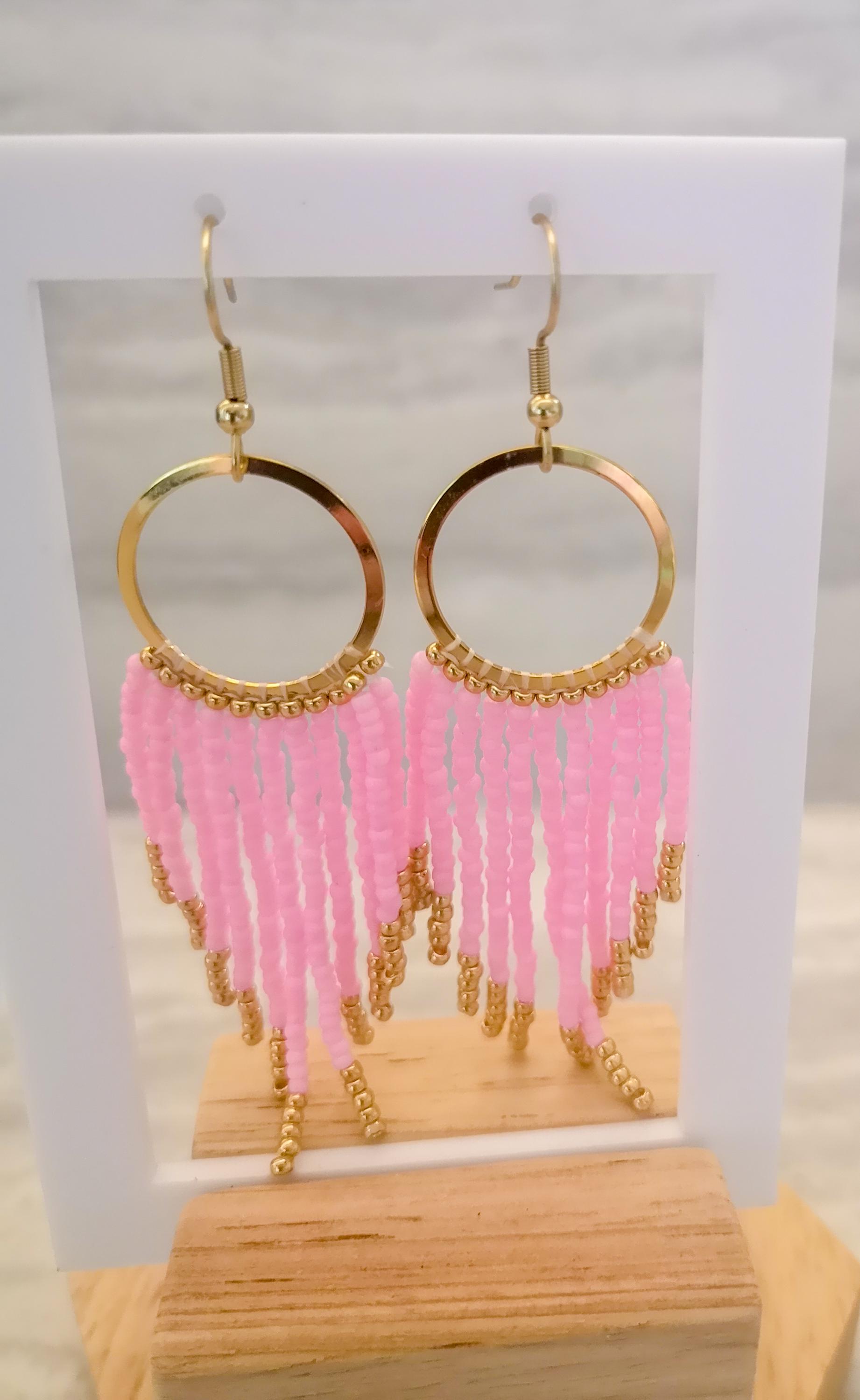 Pink and gold fringe earrings, bohemian beaded earrings, photo 3