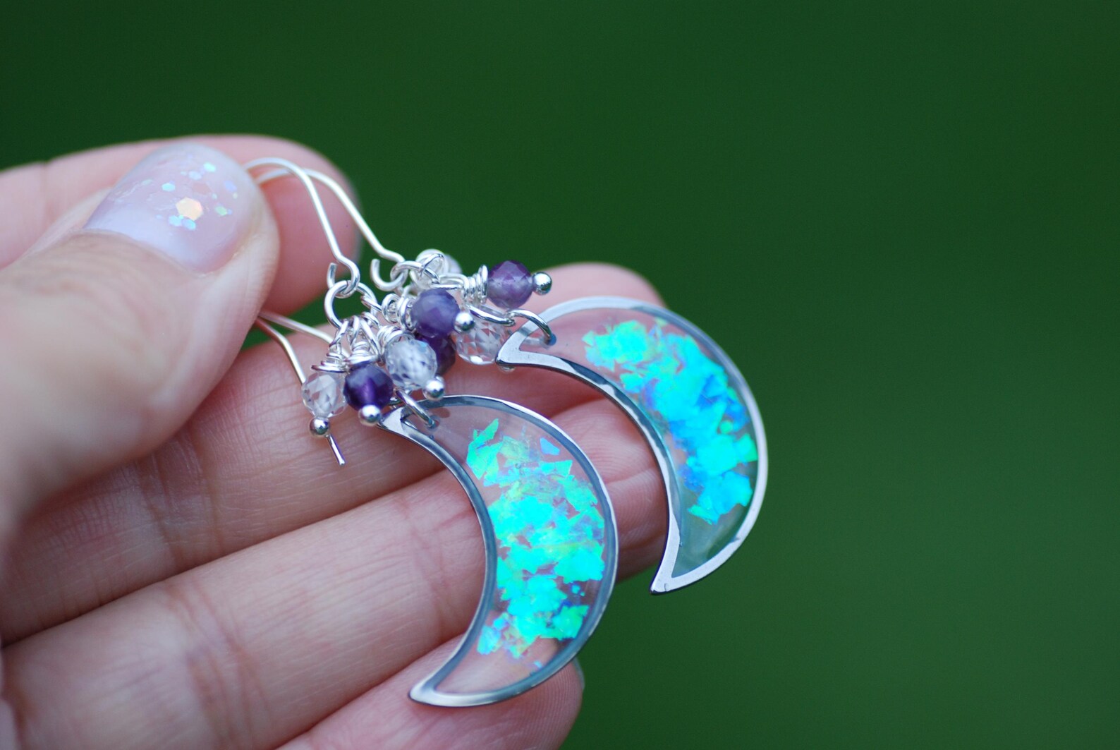 Celestial Moon Earrings - Amethyst And Zircon Crystal Silver Crescent Drops, photo 2