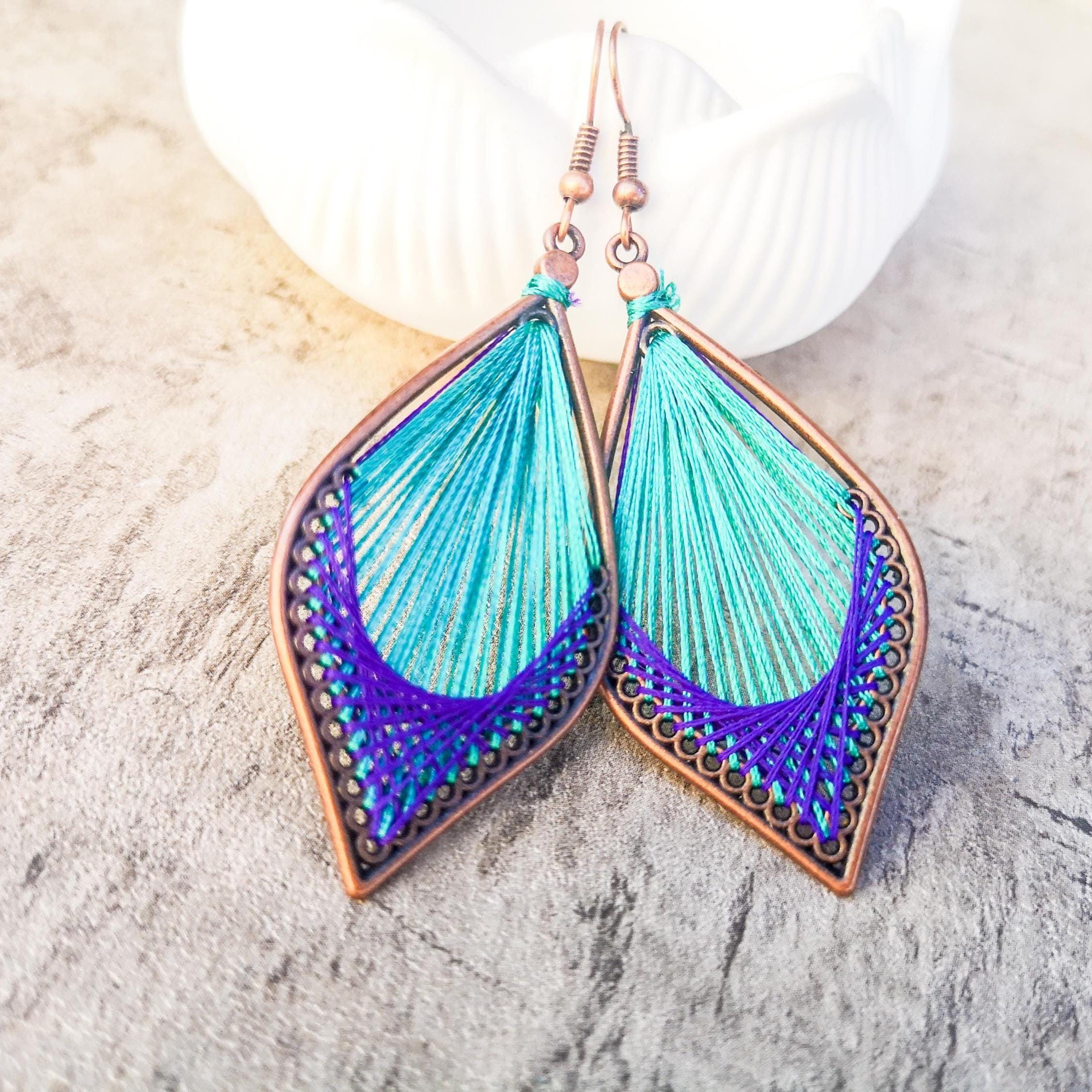 Peruvian thread teardrop earrings, Teal and purple  dangle earrings, photo 2