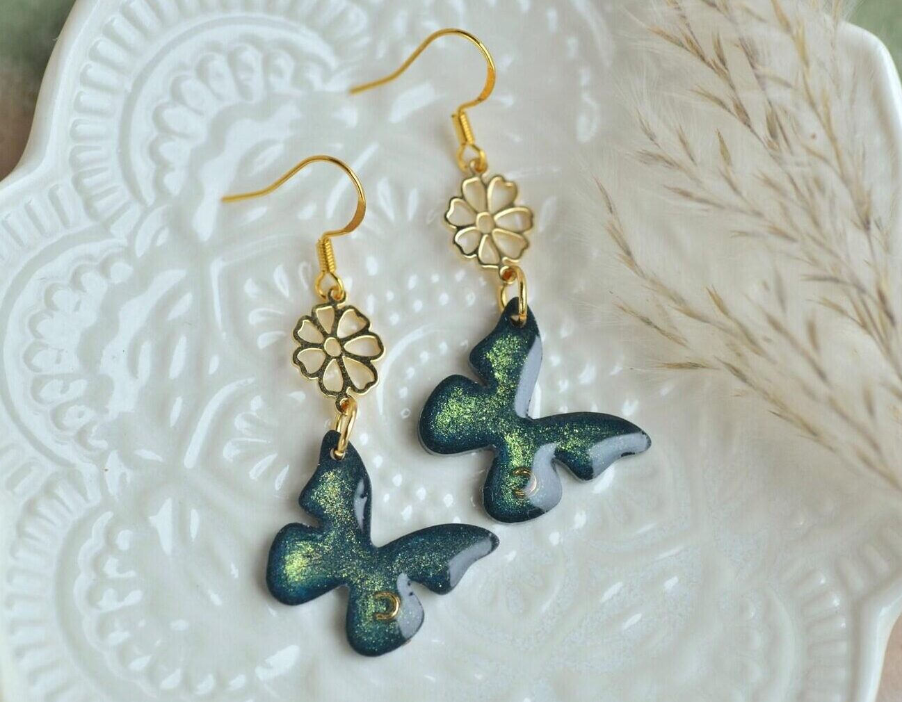 Fairytale Forest Butterfly Earrings – Iridescent Green Resin and Gold Flower Dangle Jewelry