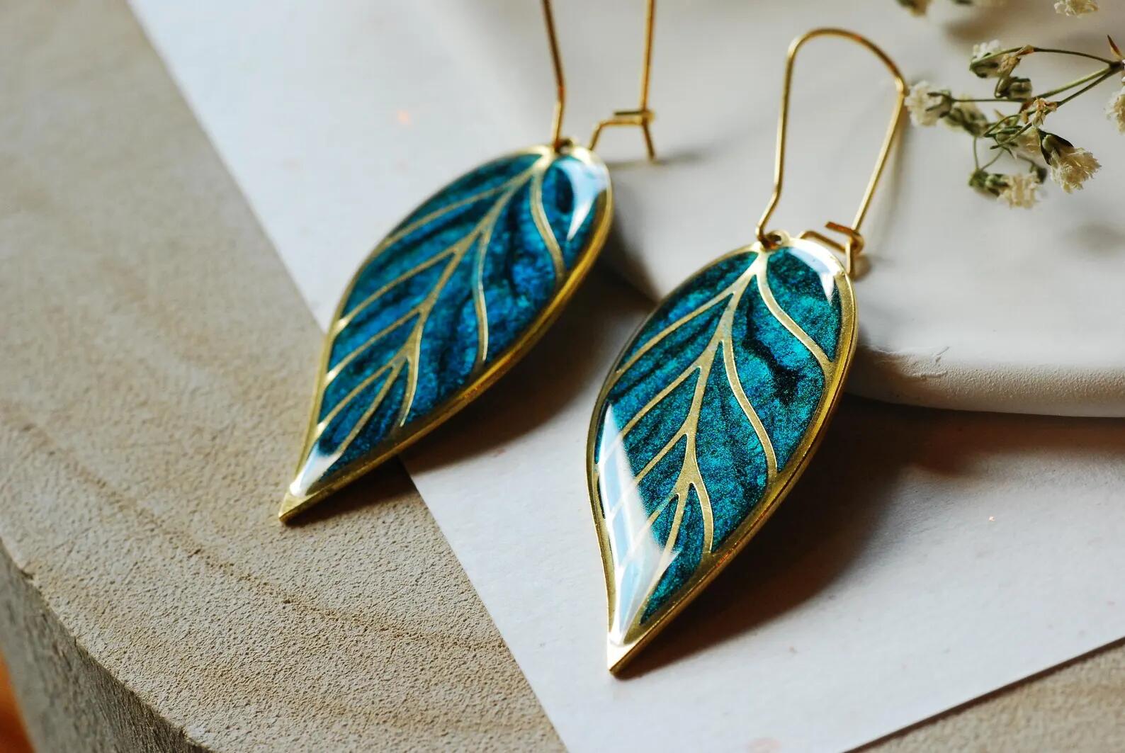 Green Leaf Earrings – Shifting Teal and Green Leaf Dangles, photo 3