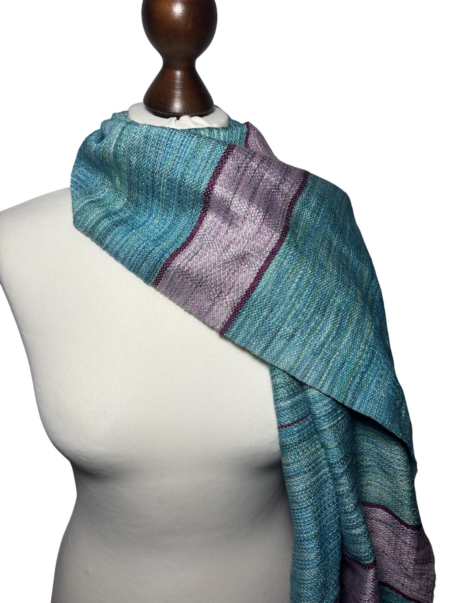 Asymmetrical Turquoise Shawl with Purple Inlay Stripes – Unique Hand-Dyed Warm Short Scarf, Monogram Customizable, photo 5