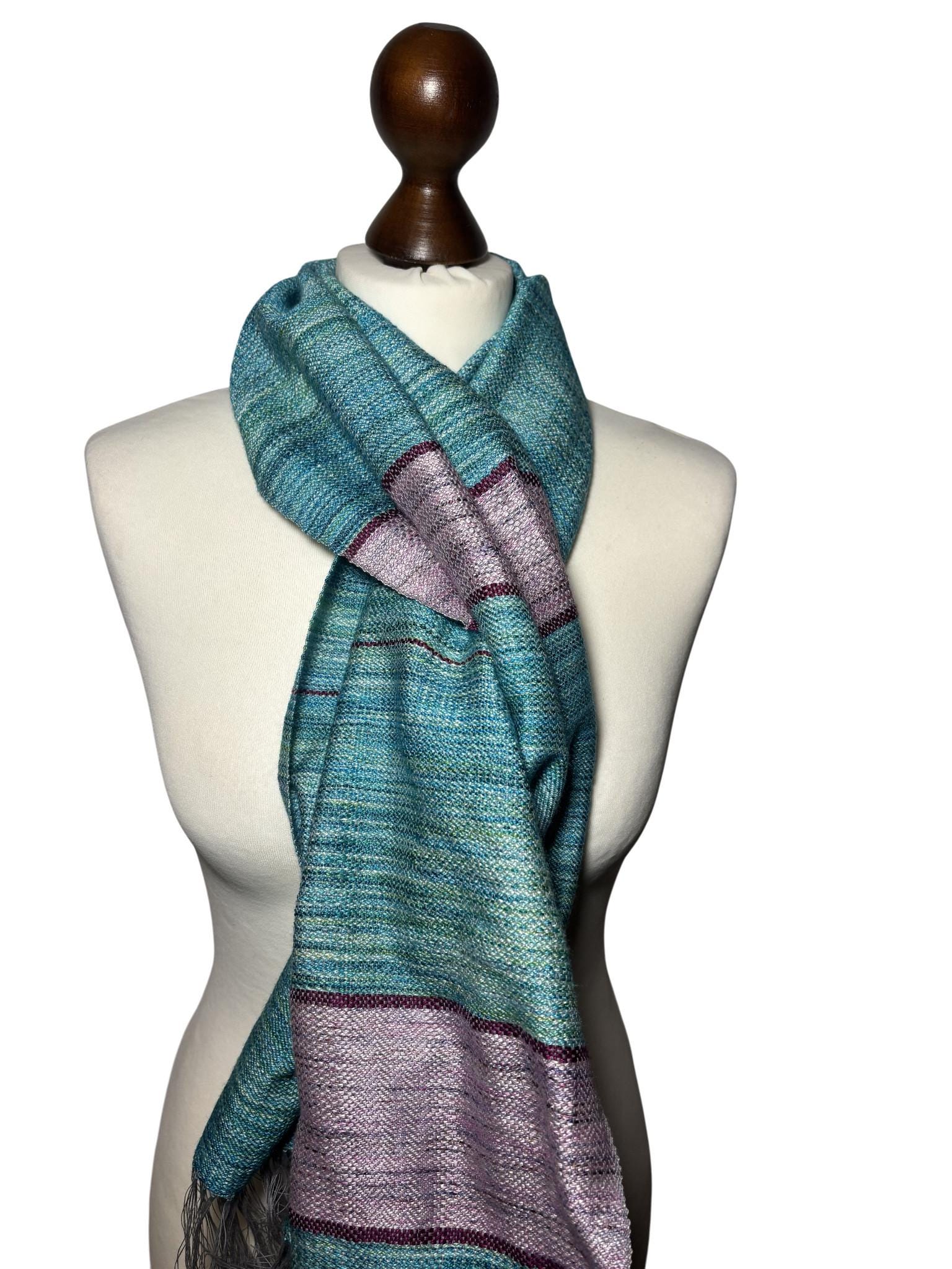 Asymmetrical Turquoise Shawl with Purple Inlay Stripes – Unique Hand-Dyed Warm Short Scarf, Monogram Customizable, photo 2