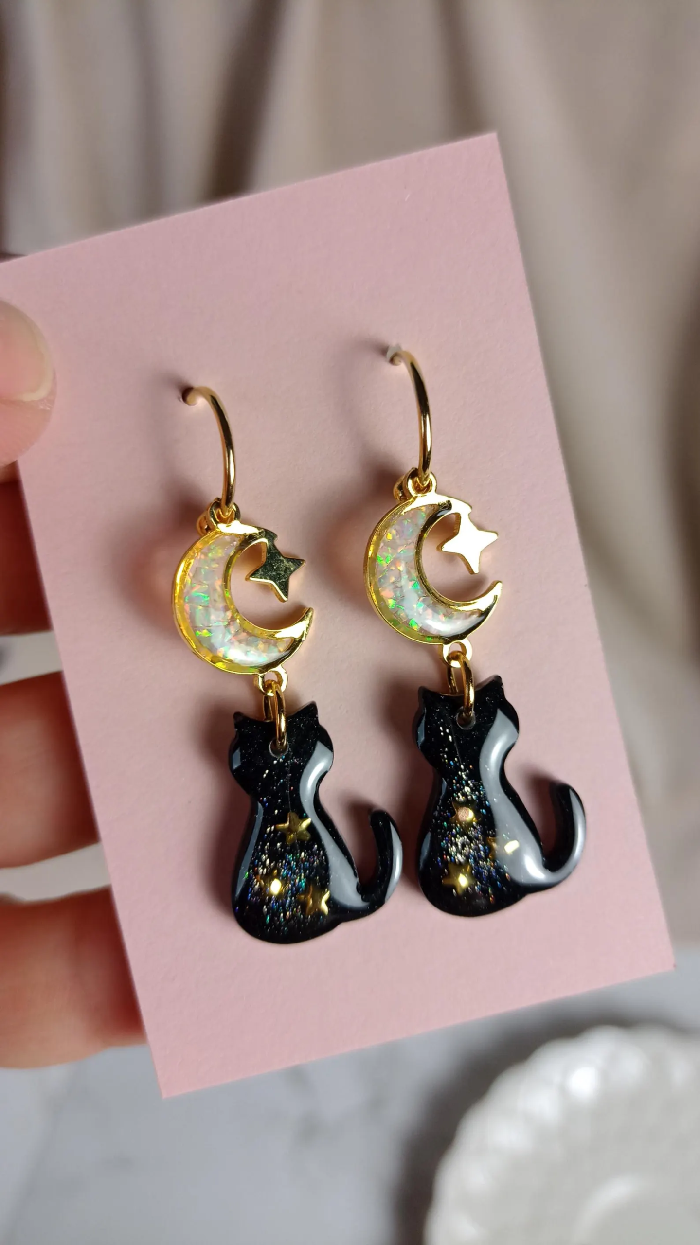 Black Cat Earrings - Galaxy Celestial Hoop Drops, photo 4
