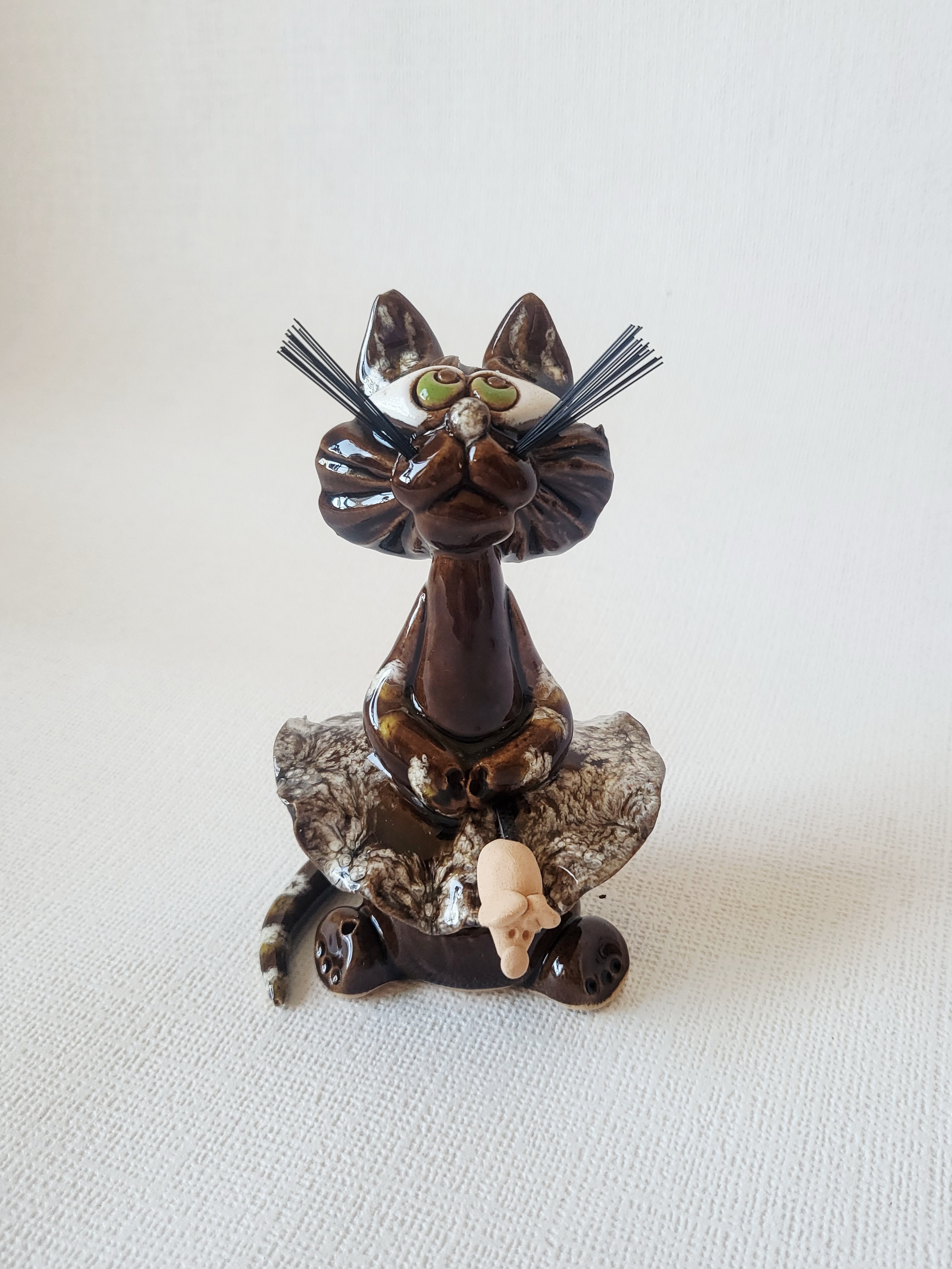 Handmade Ceramic Kitty Incense Holder with Mouse, photo 2
