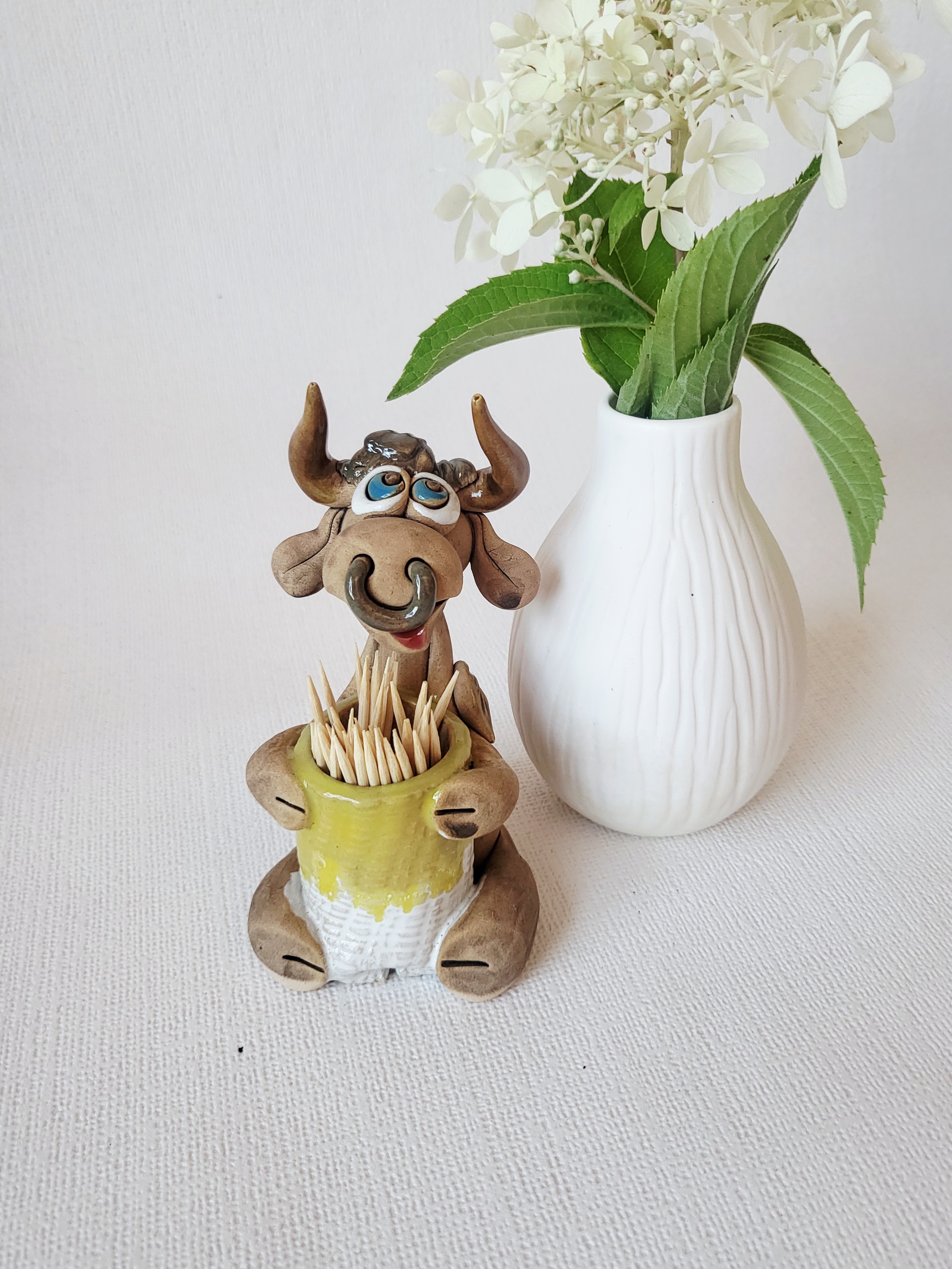 Handmade Ceramic Cow Toothpick Holder – Yellow Basket