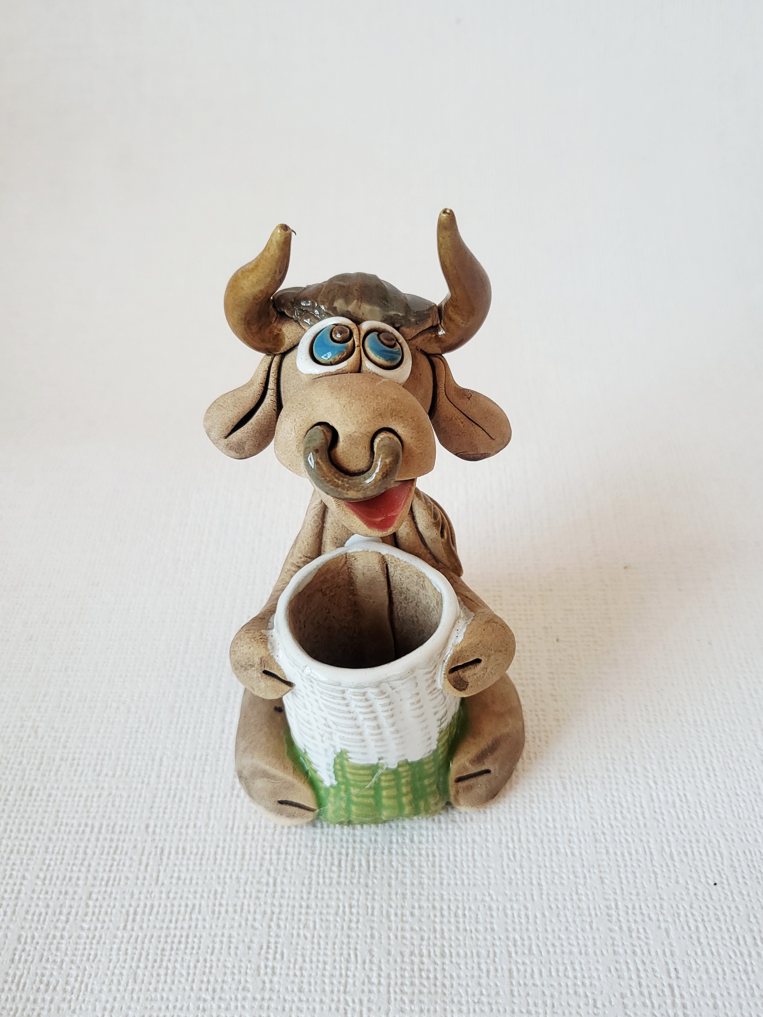 Handmade Ceramic Cow Toothpick Holder – Green Basket, photo 2