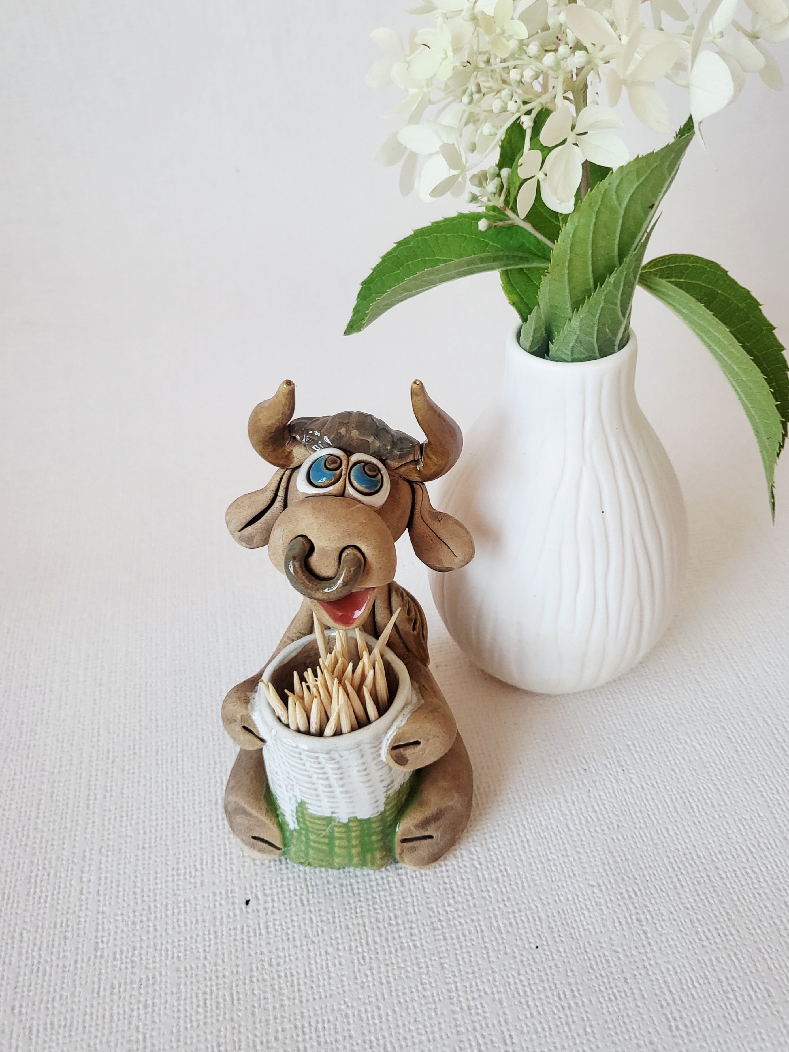 Handmade Ceramic Cow Toothpick Holder – Green Basket