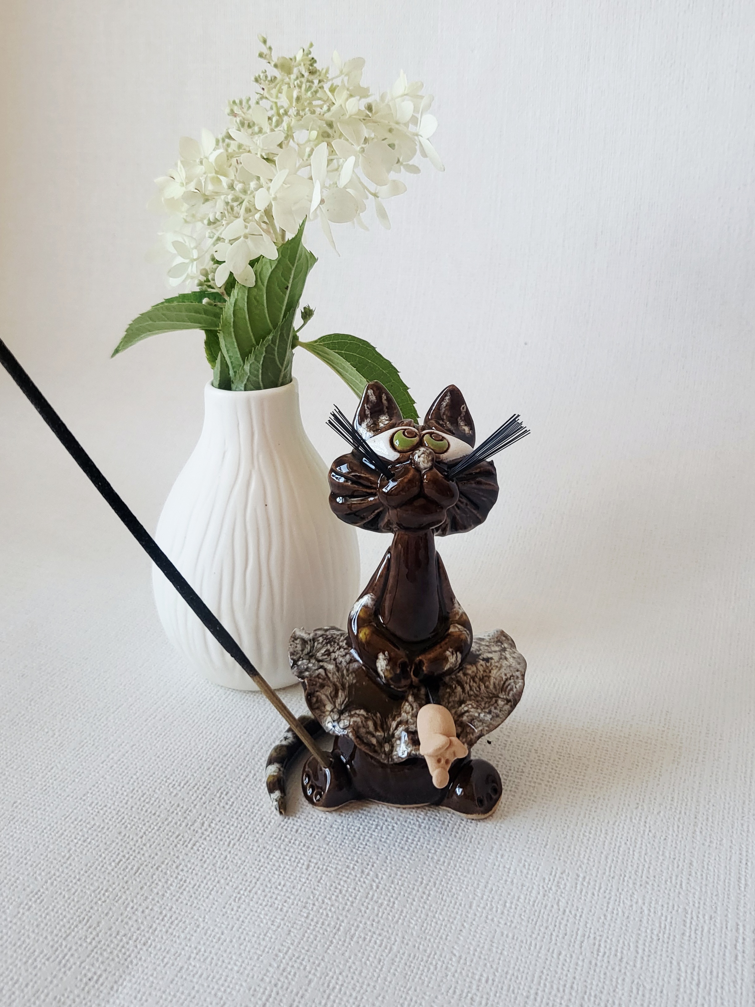 Handmade Ceramic Kitty Incense Holder with Mouse