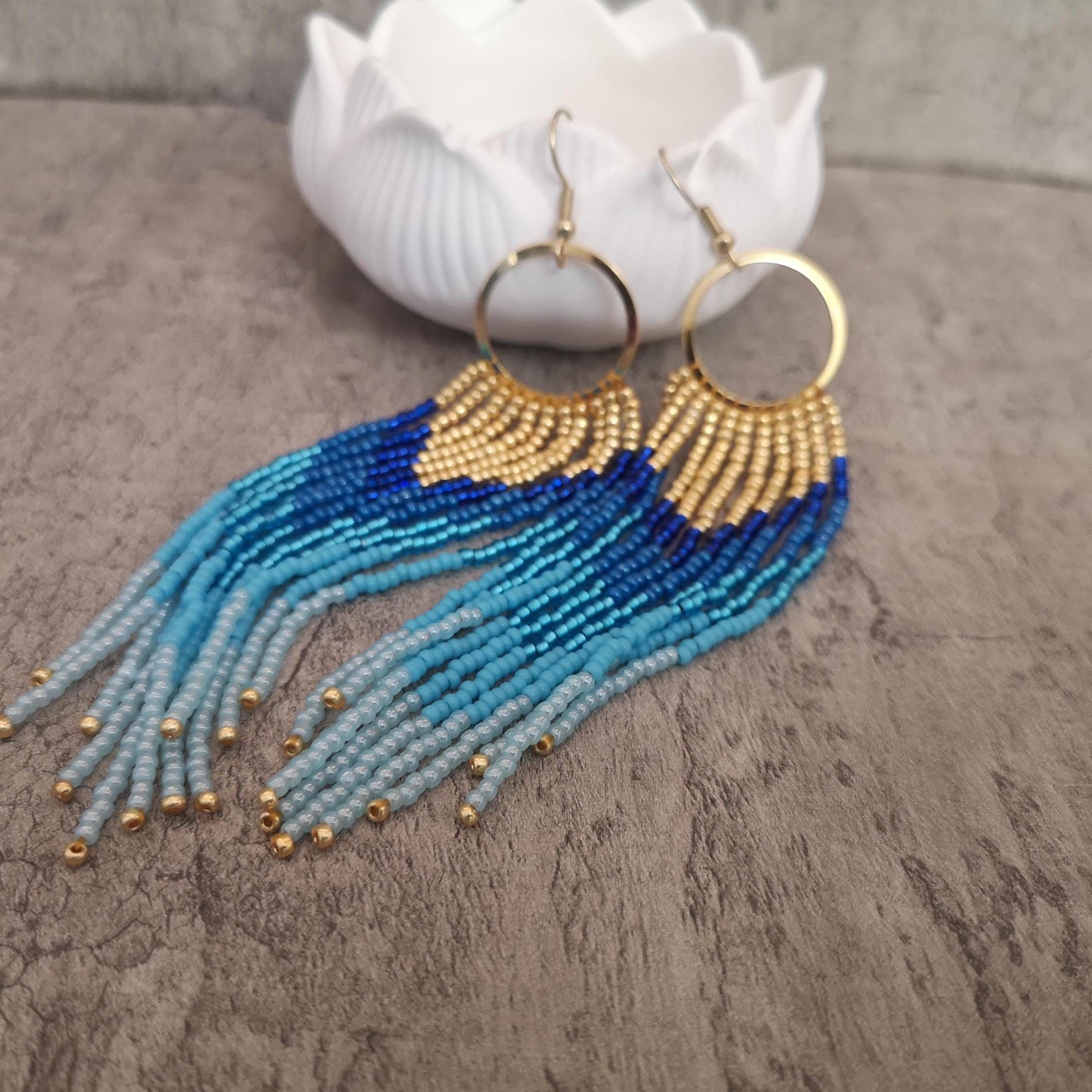 Gold and blue beaded fringe earrings, long earrings