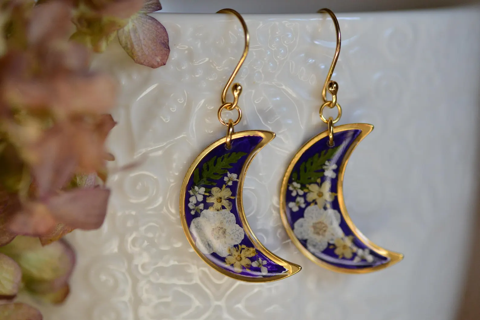 Botanical Resin Earrings - Celestial Moon Wildflower Hooks