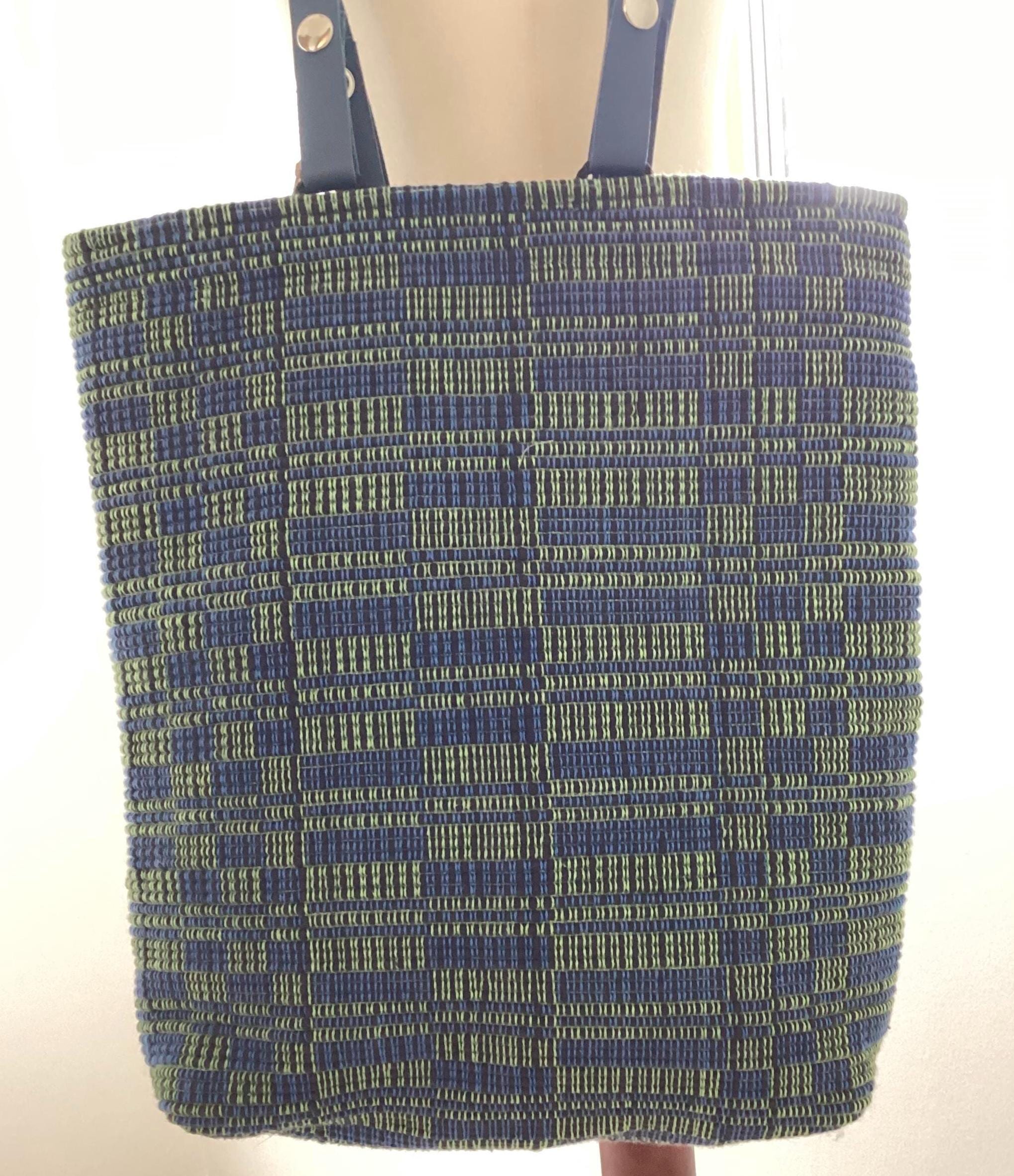 Handwoven Cotton Tote Bag: Blue Green Checkered Shopper with Leather Handles, Personalized Tote, photo 2