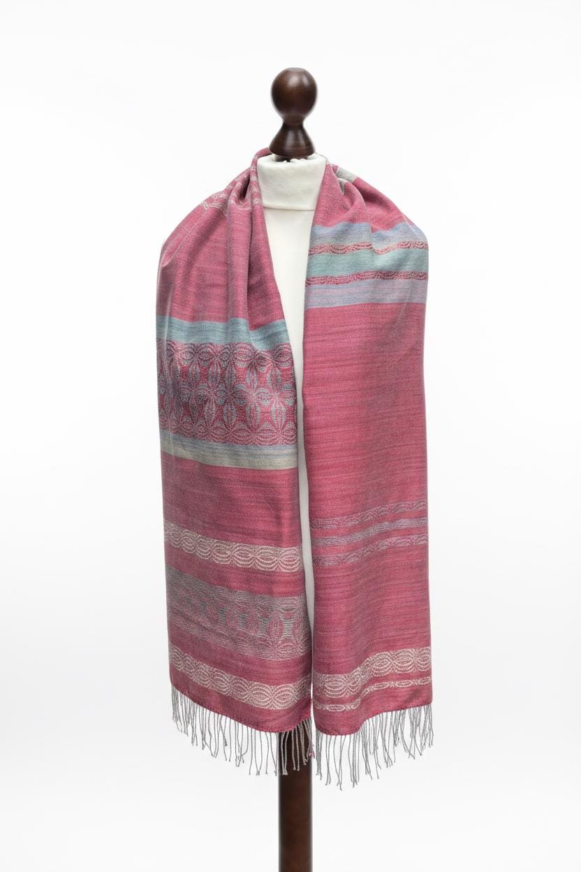 Handwoven Raspberry Silk Scarf – Lily Floral Motif, Green Accents, Artisan Accessory, Personalized with Monogram, photo 4