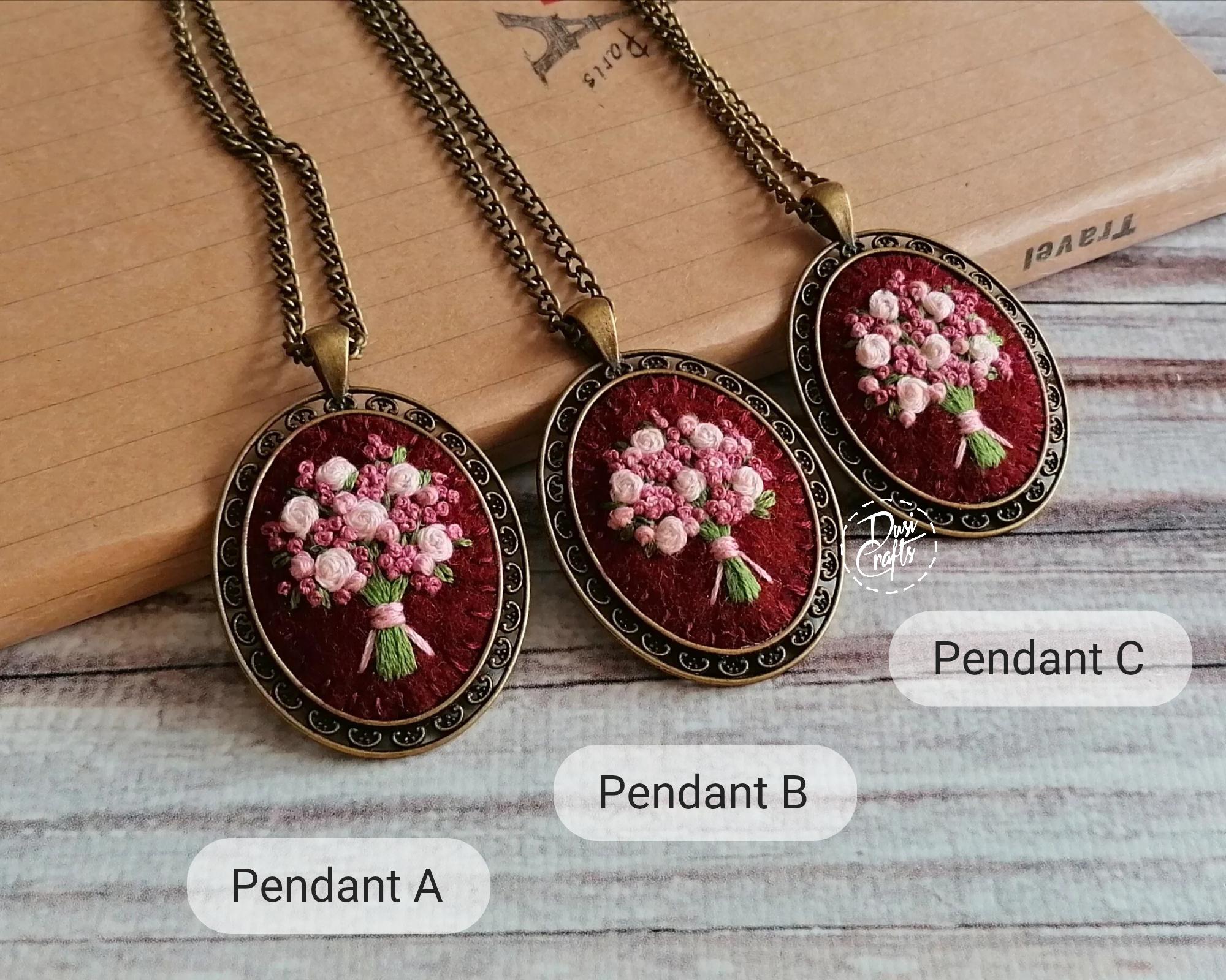 Burgundy Red and Pink Embroidery Necklace, Hand Embroidered Necklace, Pink and White Floral Bouquet Pendant, photo 3
