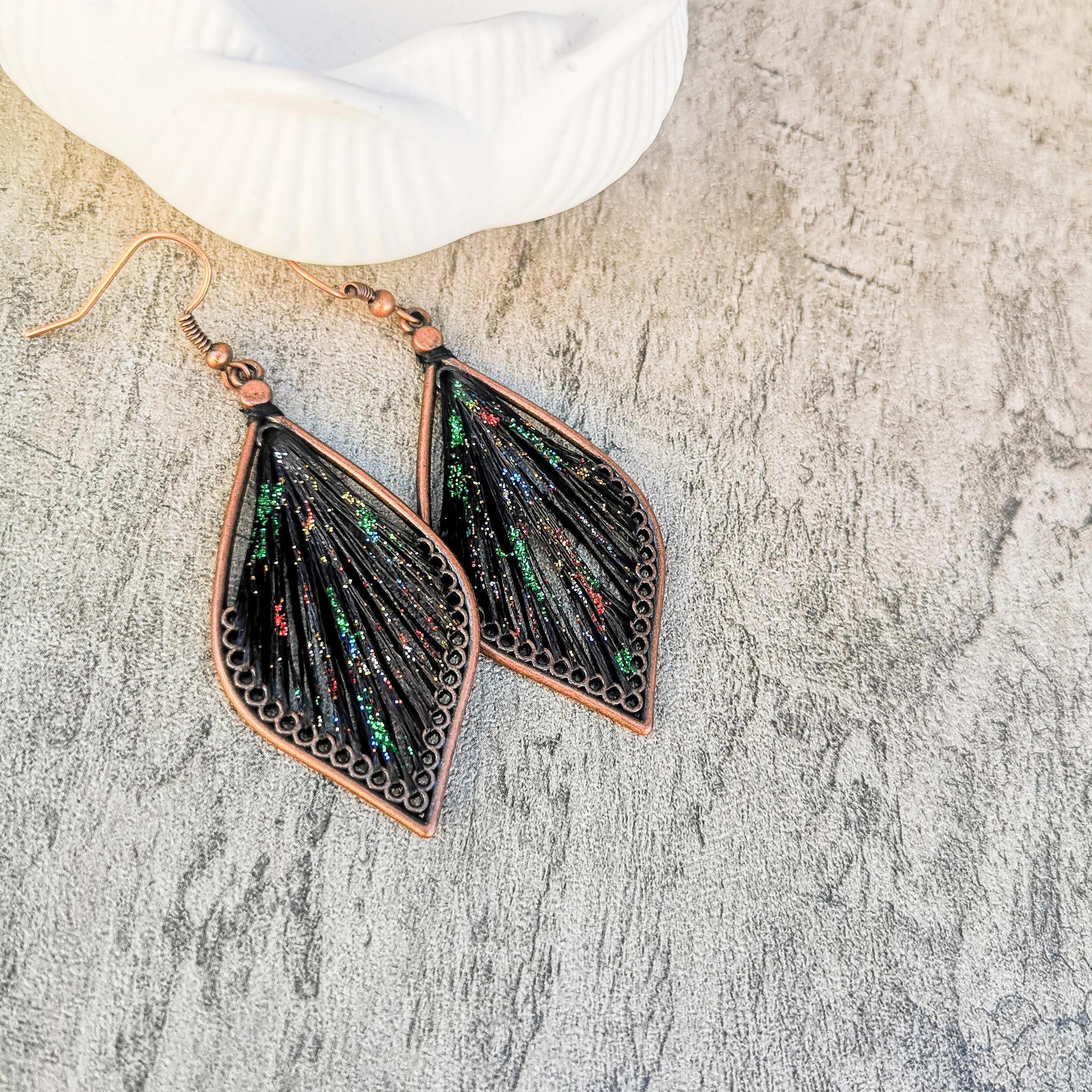 Peruvian thread teardrop earrings, Black with glitter dangle earrings, photo 2
