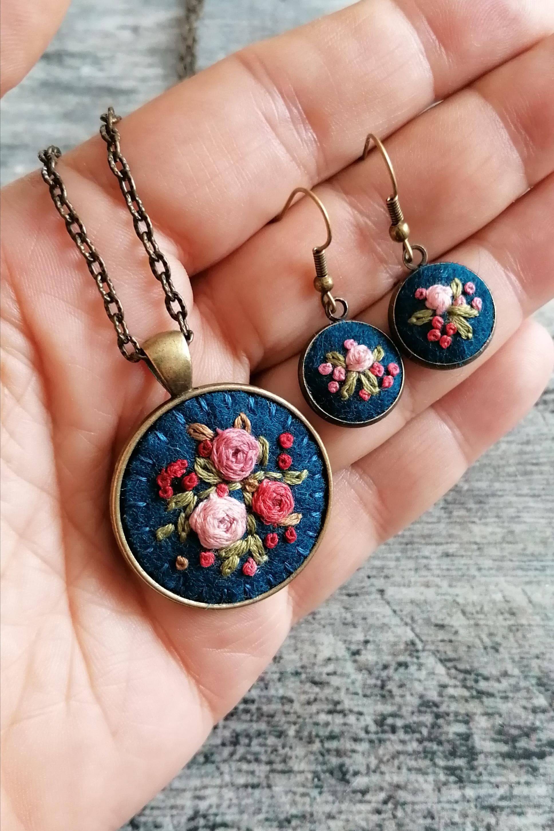 Hand Embroidered Necklace and Earrings, Pink Floral Rose Pendant, Dark Teal Blue Embroidery Necklace
