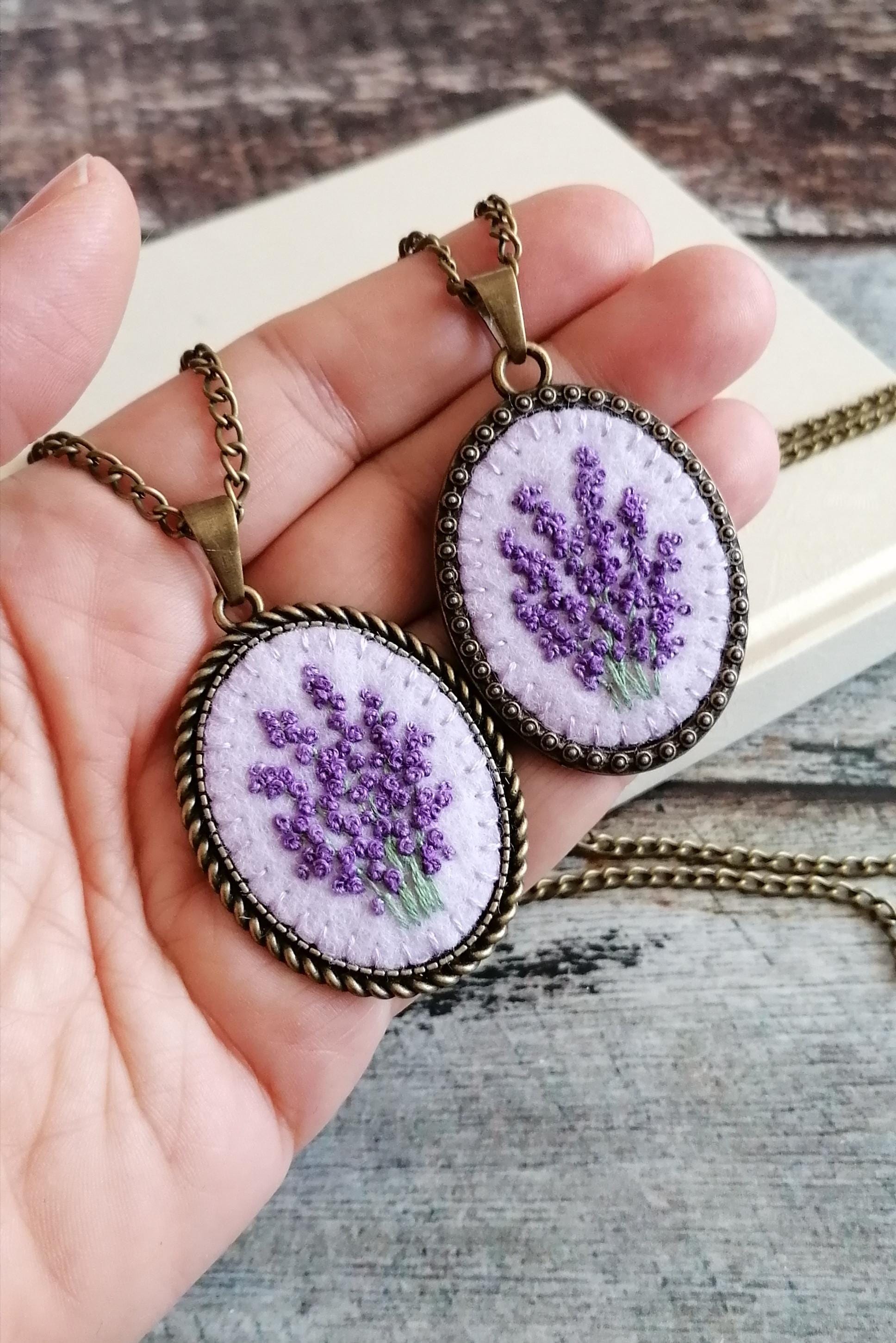 Lavender Hand Embroidered Pendant, Purple Flower Necklace or a set with earrings, Botanical gift, photo 3