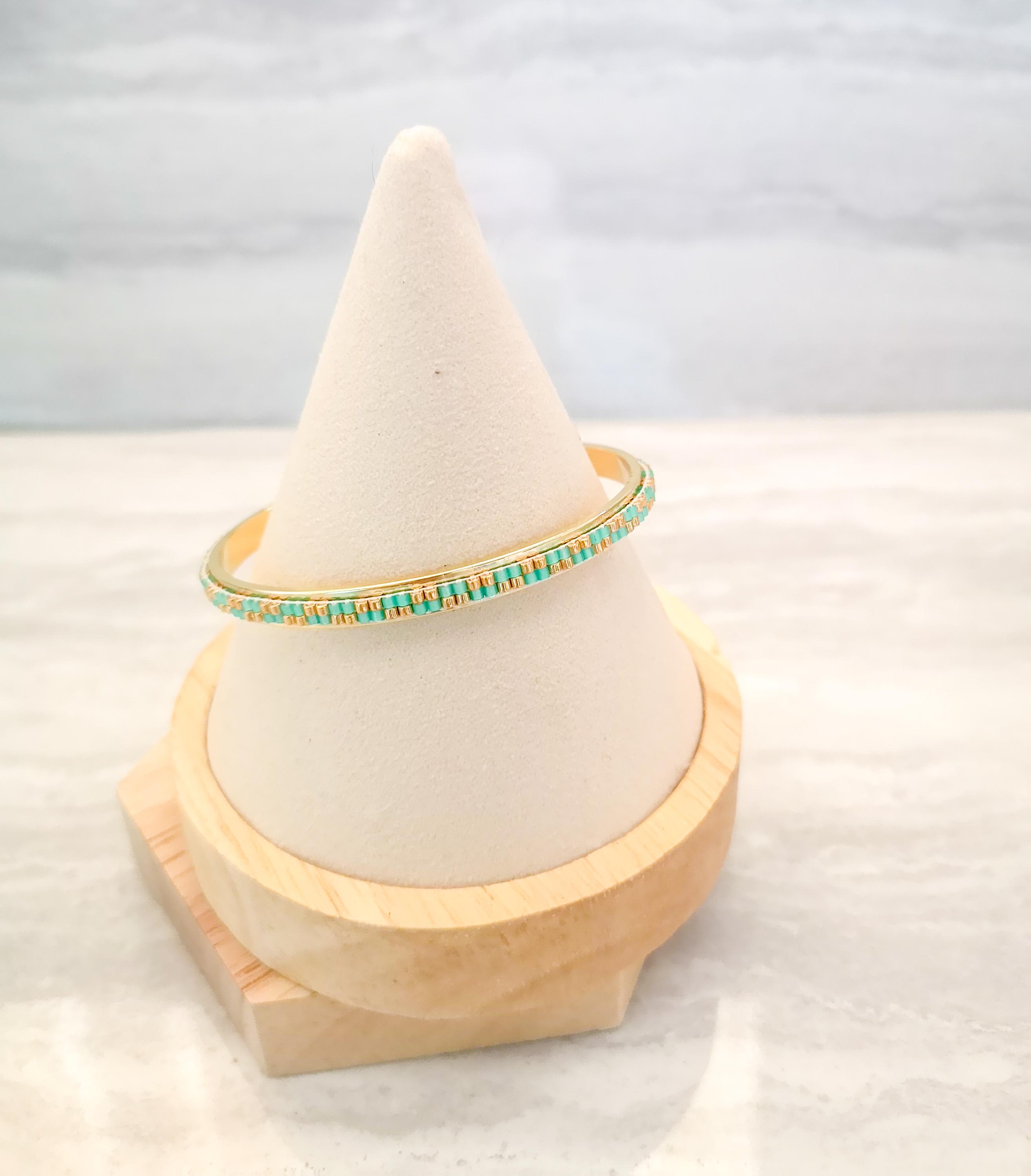 Gold Plated Cuff Bracelet: Turquoise Japanese Glass Beaded Bangle, photo 2