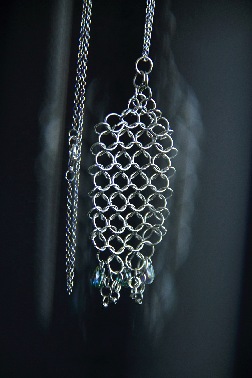 Stainless Steel Statement Pendant with Iridescent Crystal Drops