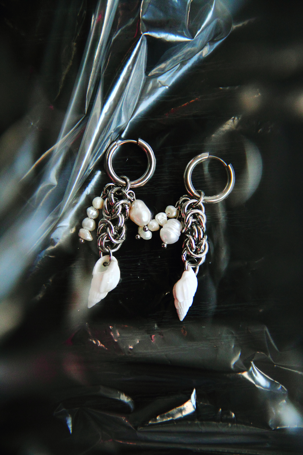 Handmade Shell Pearl Hoop Earrings, Coastal Industrial Jewelry, photo 3