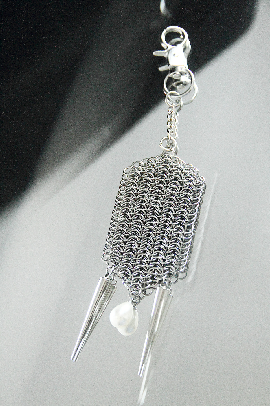 Handmade Stainless Steel Key Charm with Spikes and faux pearl, photo 4