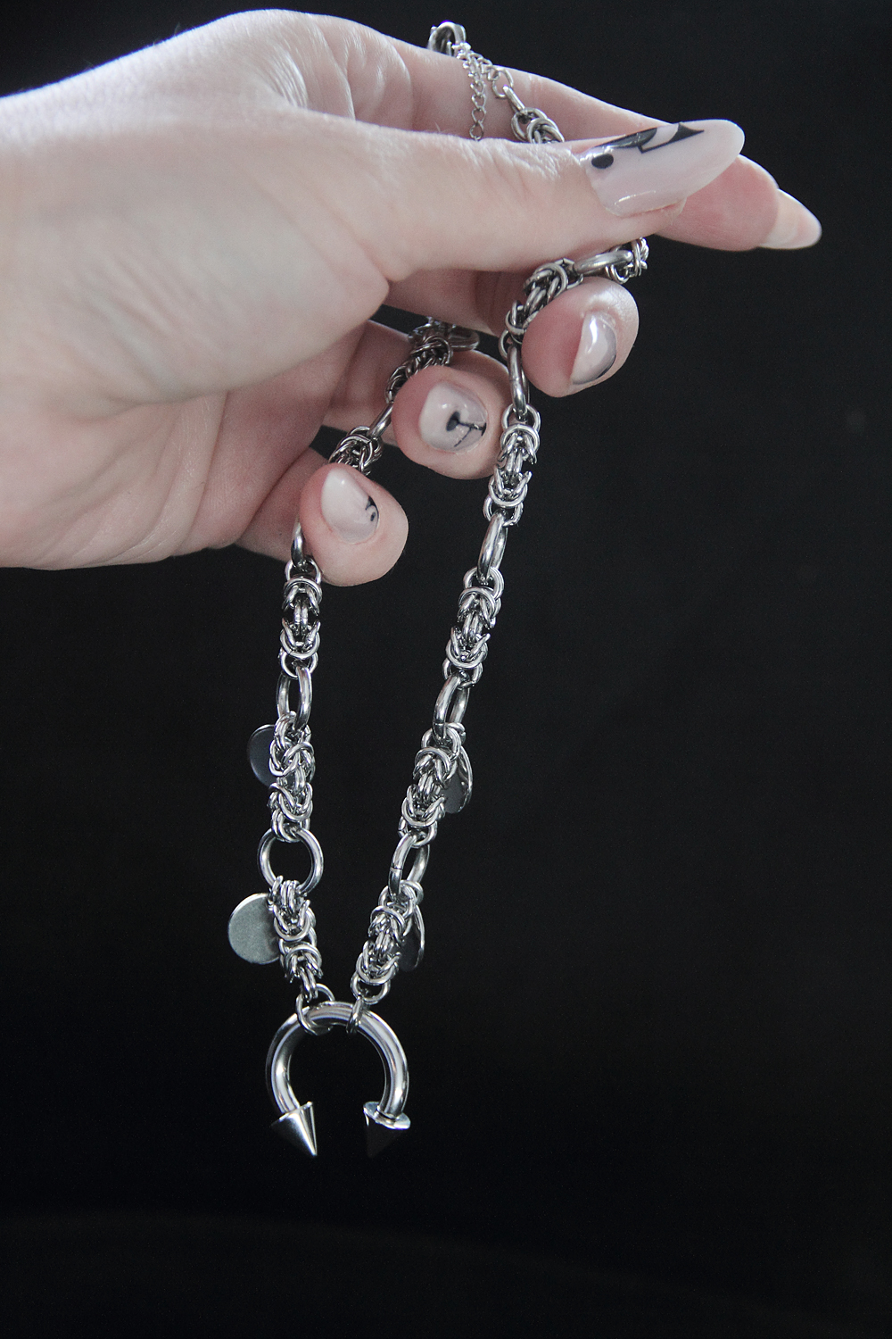 Handmade Stainless Steel Chainmail Choker | Spiked Horseshoe Alt Punk Necklace, photo 5