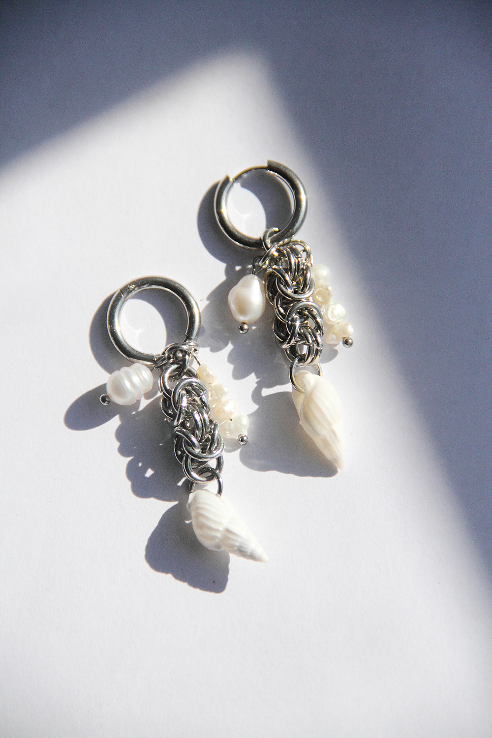 Handmade Shell Pearl Hoop Earrings, Coastal Industrial Jewelry