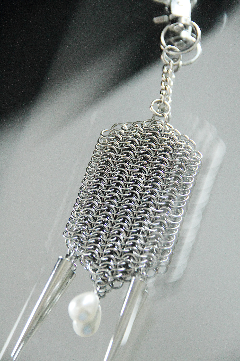 Handmade Stainless Steel Key Charm with Spikes and faux pearl