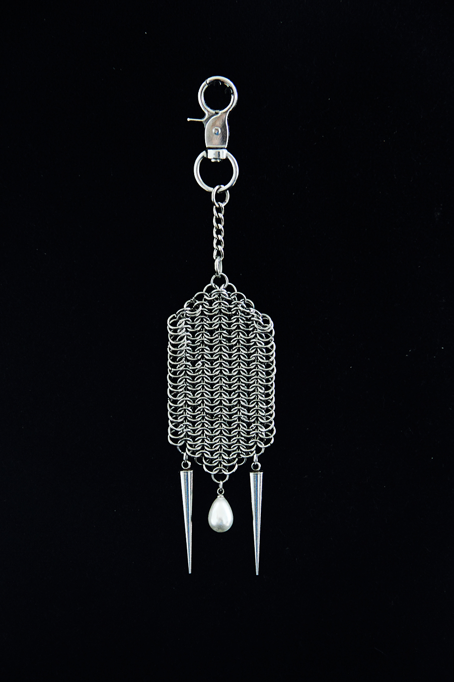 Handmade Stainless Steel Key Charm with Spikes and faux pearl, photo 3