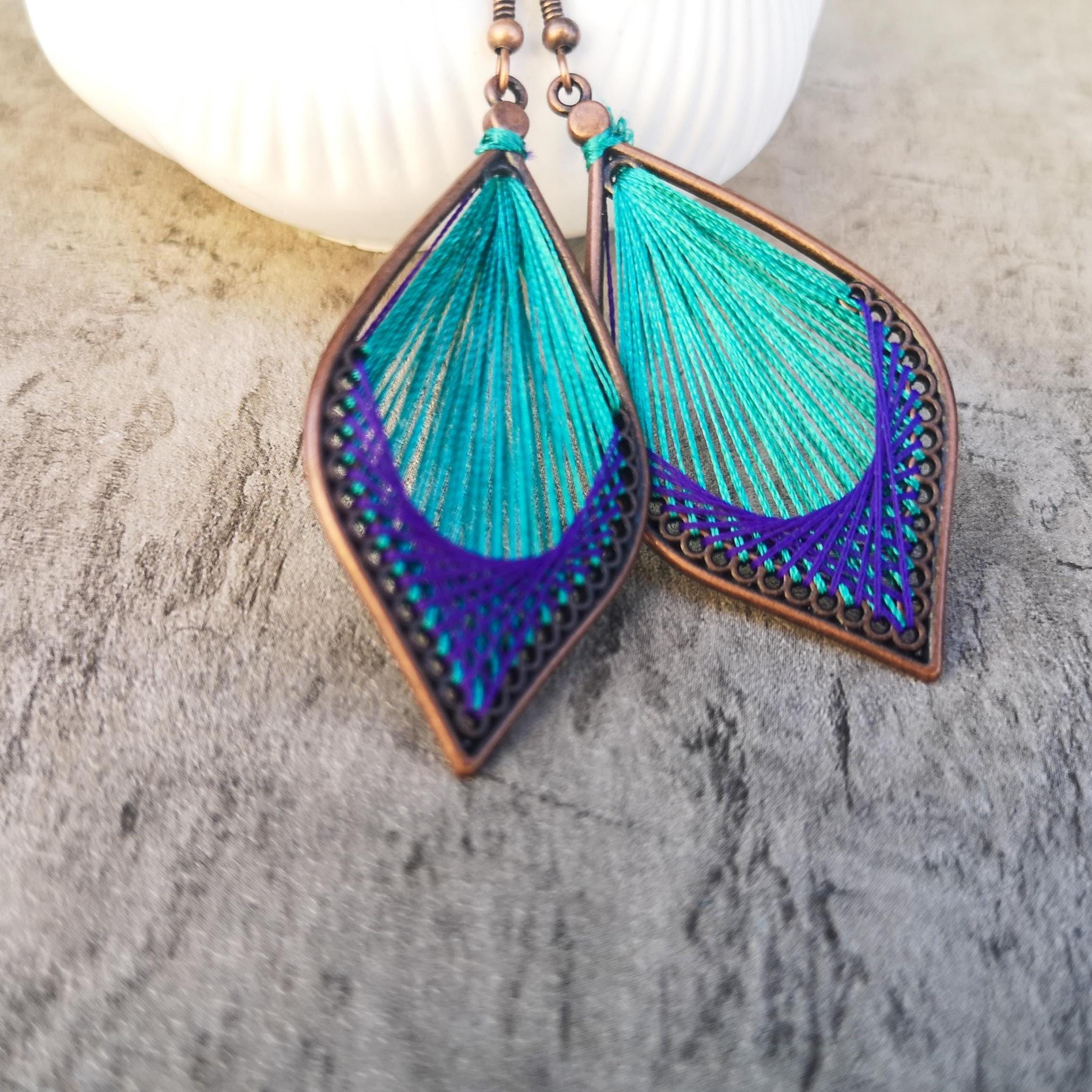Peruvian thread teardrop earrings, Teal and purple  dangle earrings, photo 4