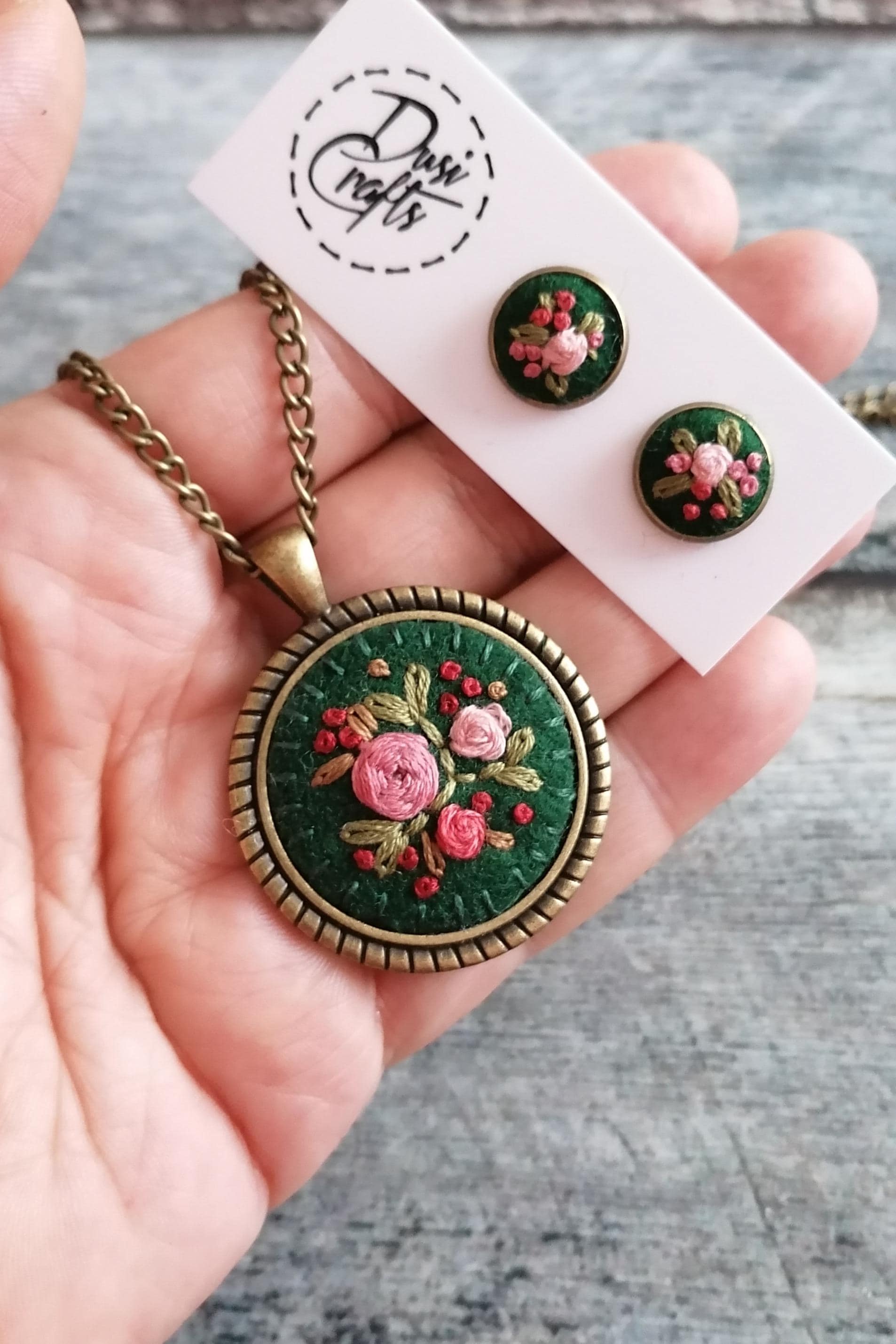 Hand Embroidered Necklace and Earrings, Pink Floral Rose Pendant, Dark Embroidery Necklace, photo 3