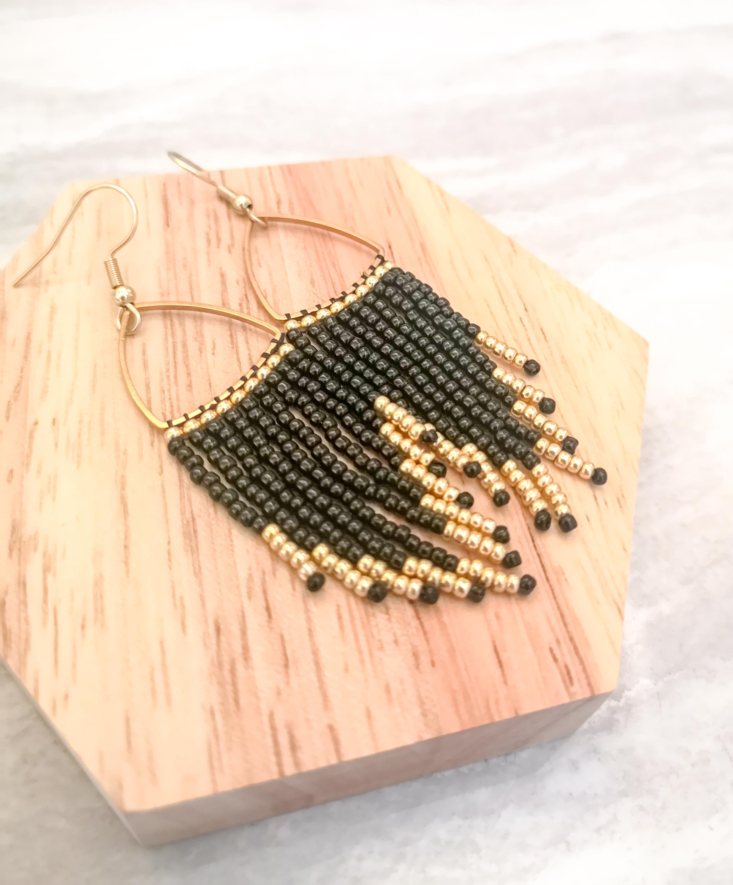 Black and gold fringe earrings, boho beaded earrings, photo 3