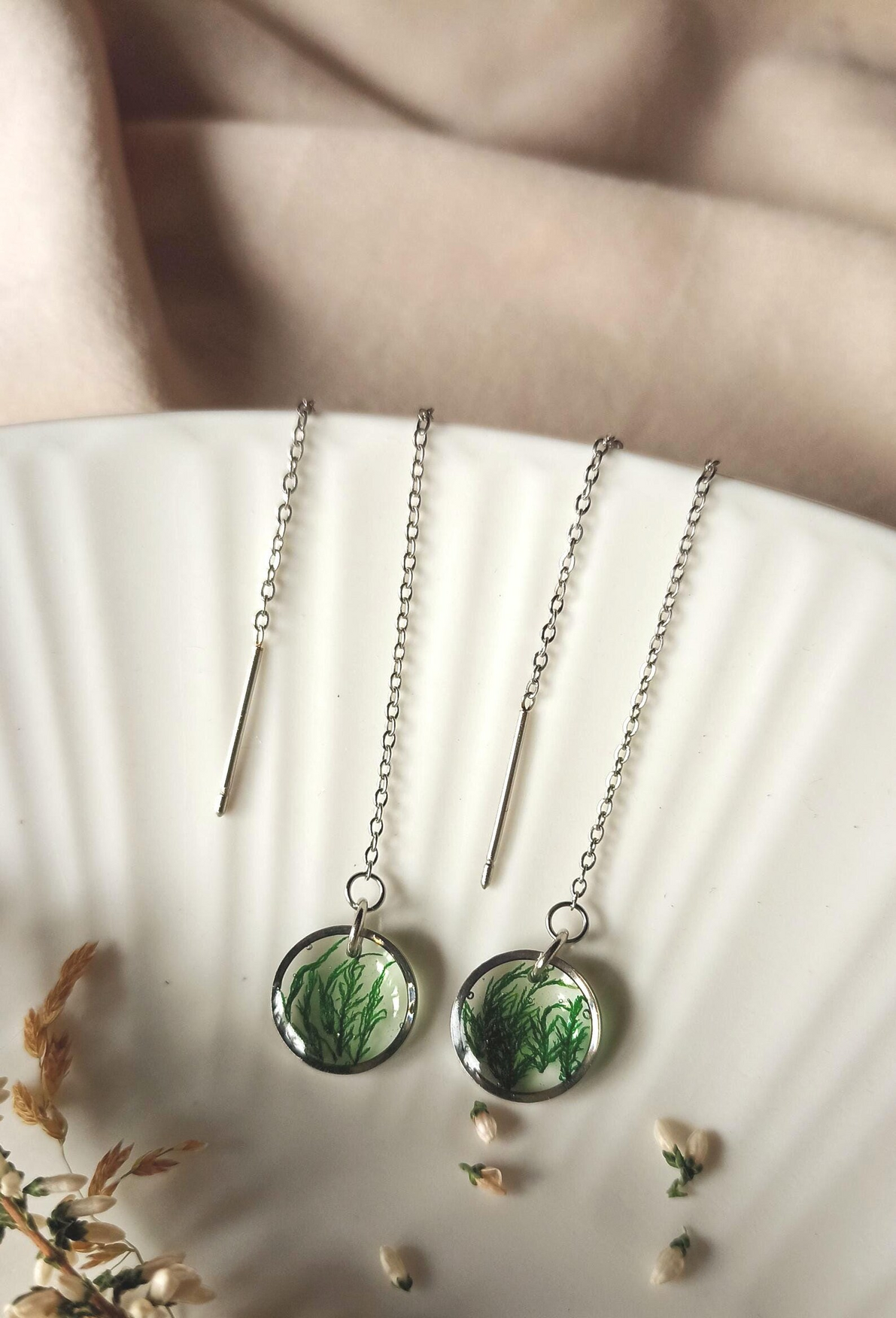 Botanical Threader Earrings - Real Moss Circular Chain Drops, photo 5
