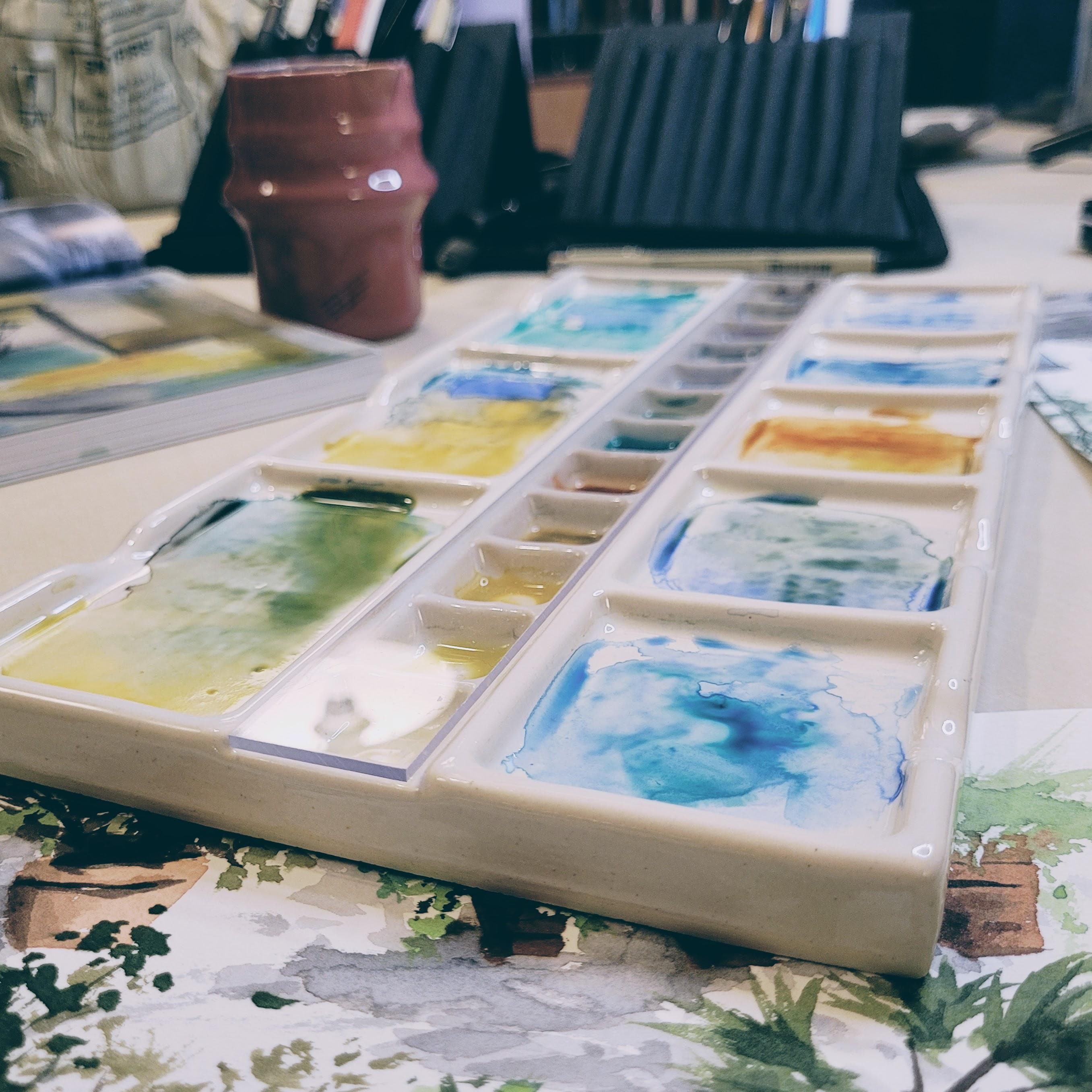 Large Ceramic Paint Palette - 14 Paint Wells - Large Mixing Area - Handmade for mixing Watercolour, Oil, Acrylic or Gouache