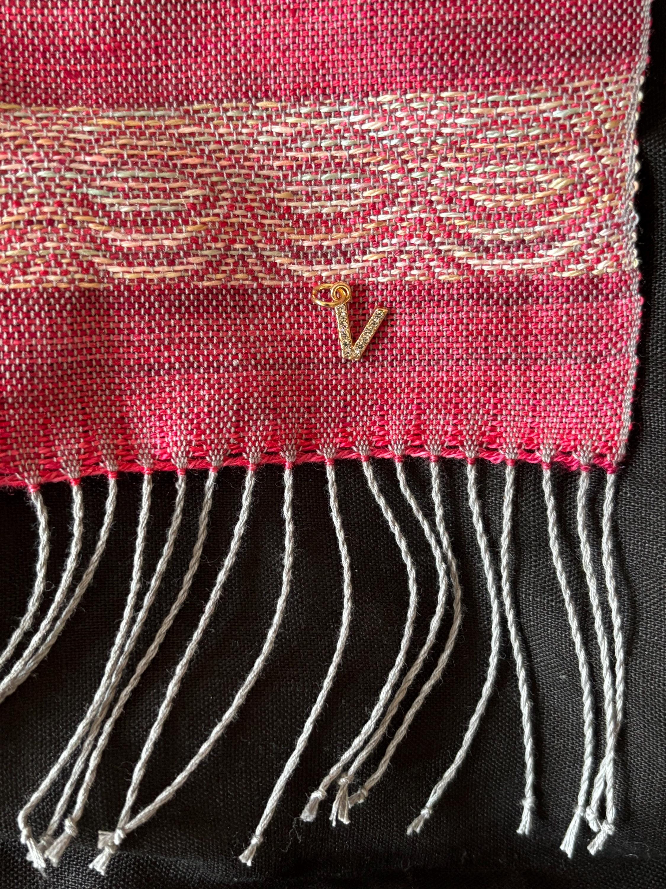 Handwoven Raspberry Silk Scarf – Lily Floral Motif, Green Accents, Artisan Accessory, Personalized with Monogram, photo 6