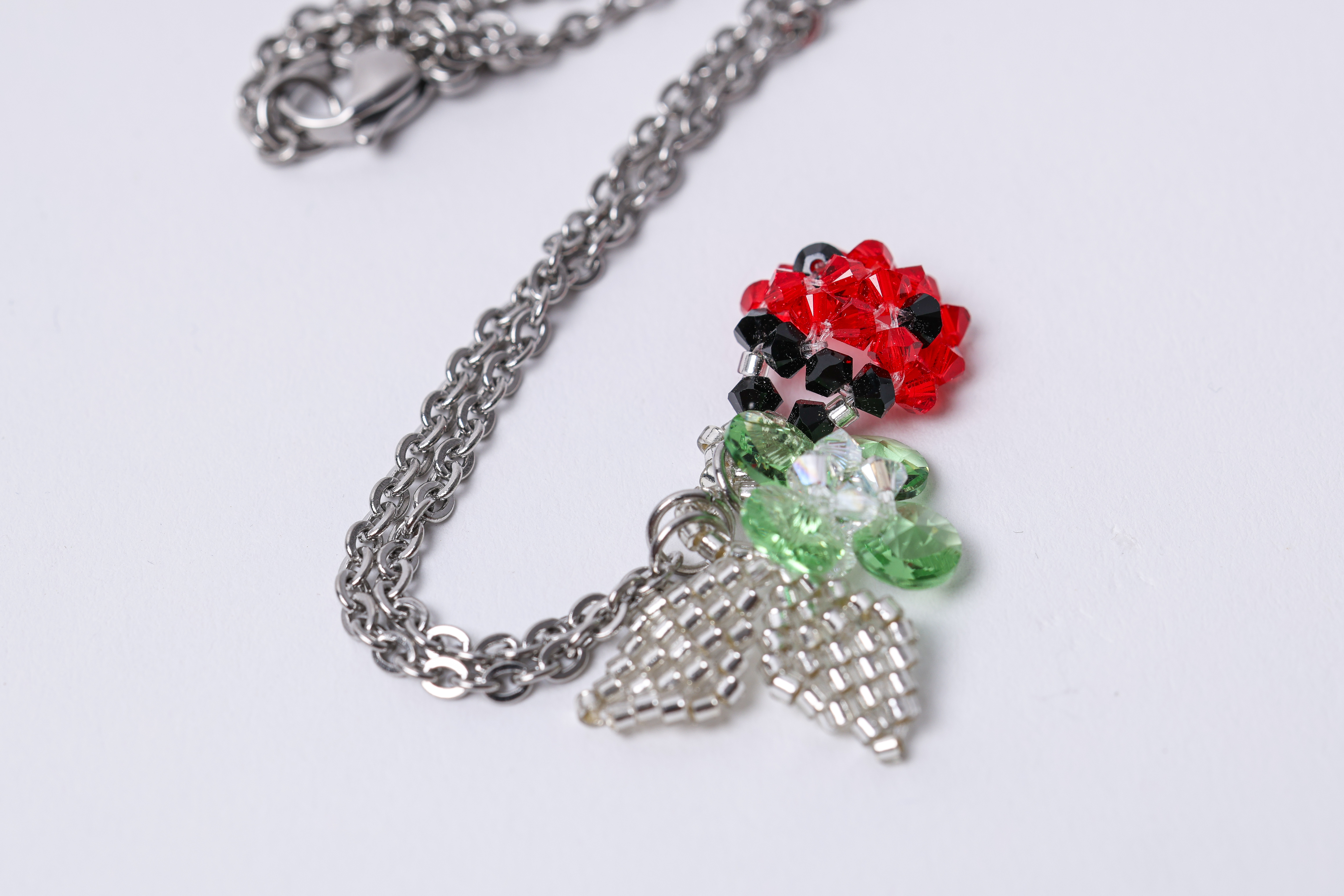 Ladybug Clover Necklace, Red Green Crystal Pendant, Lucky Charm Jewelry, photo 3