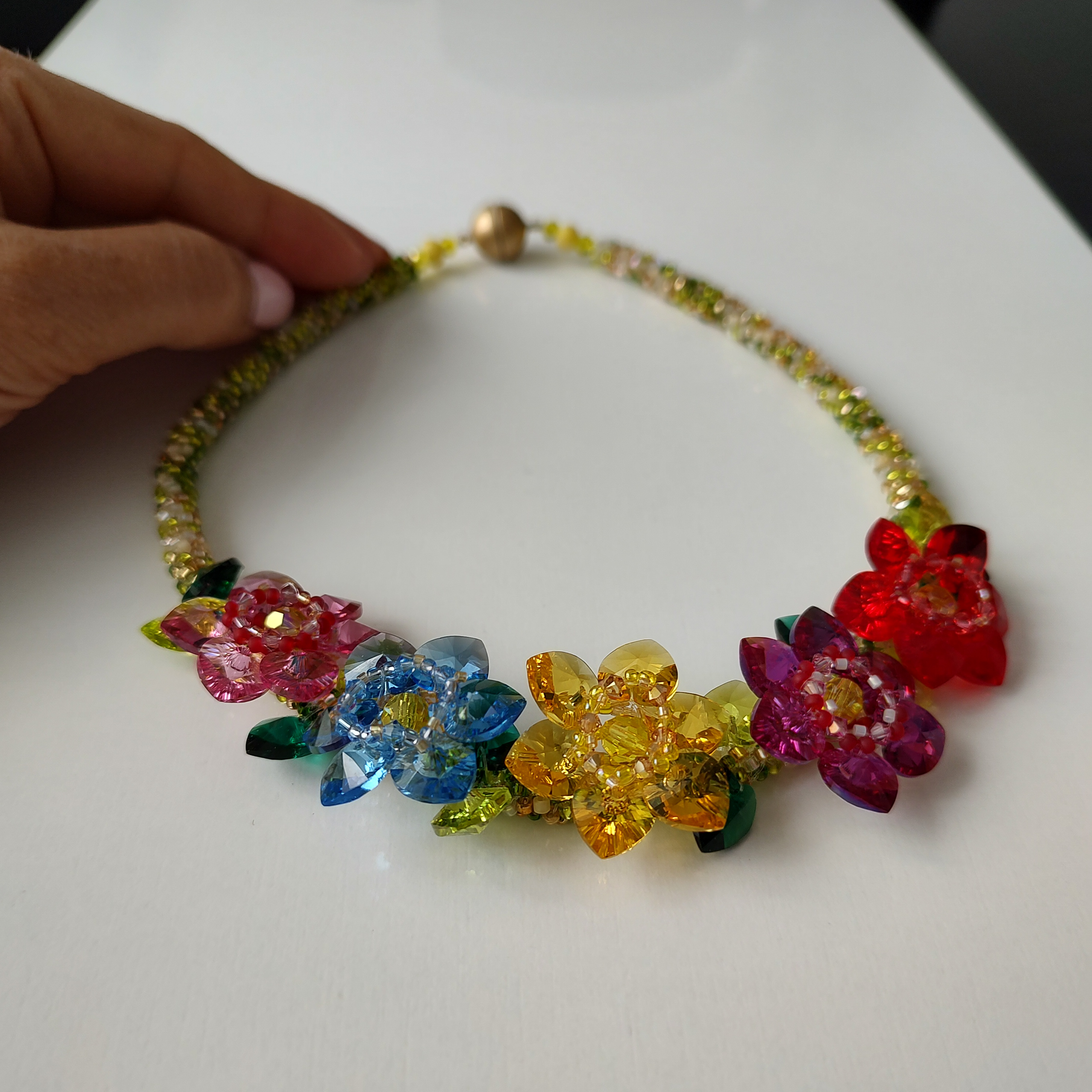 Colorful Crystal Flower Necklace, Handmade Floral Statement Jewelry, Multicolor Beaded Necklace, Romantic Gift for Her, photo 6