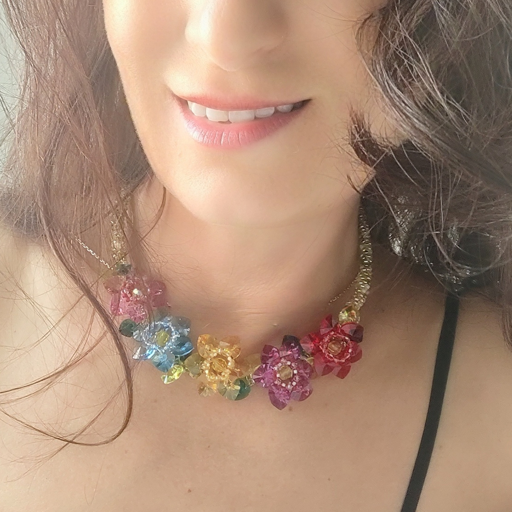 Colorful Crystal Flower Necklace, Handmade Floral Statement Jewelry, Multicolor Beaded Necklace, Romantic Gift for Her, photo 4